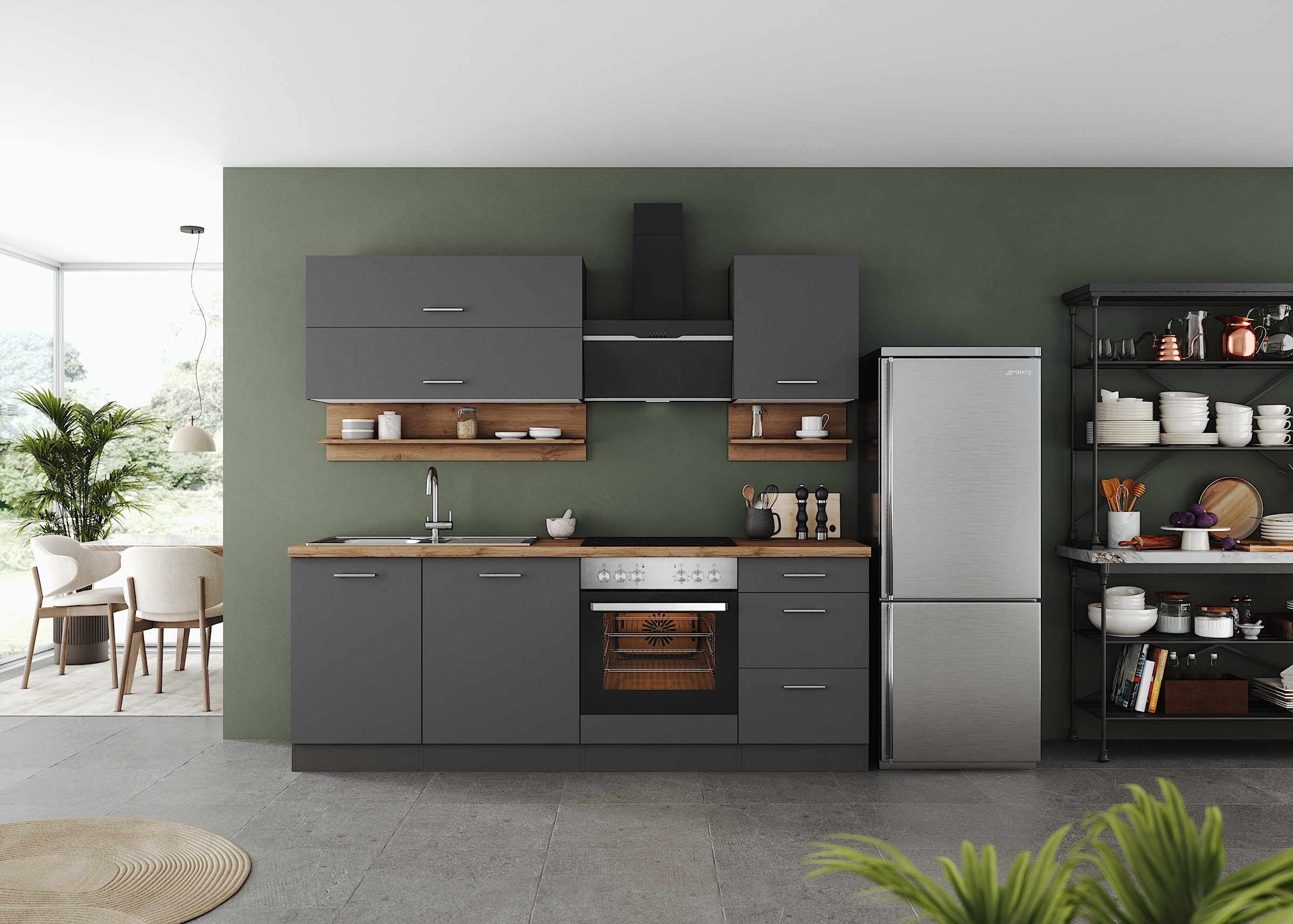 KOCHSTATION Kitchenette »KS-Milan« 220 cm de large, coulisses métalliques robustes, beaucoup d’espace de rangement