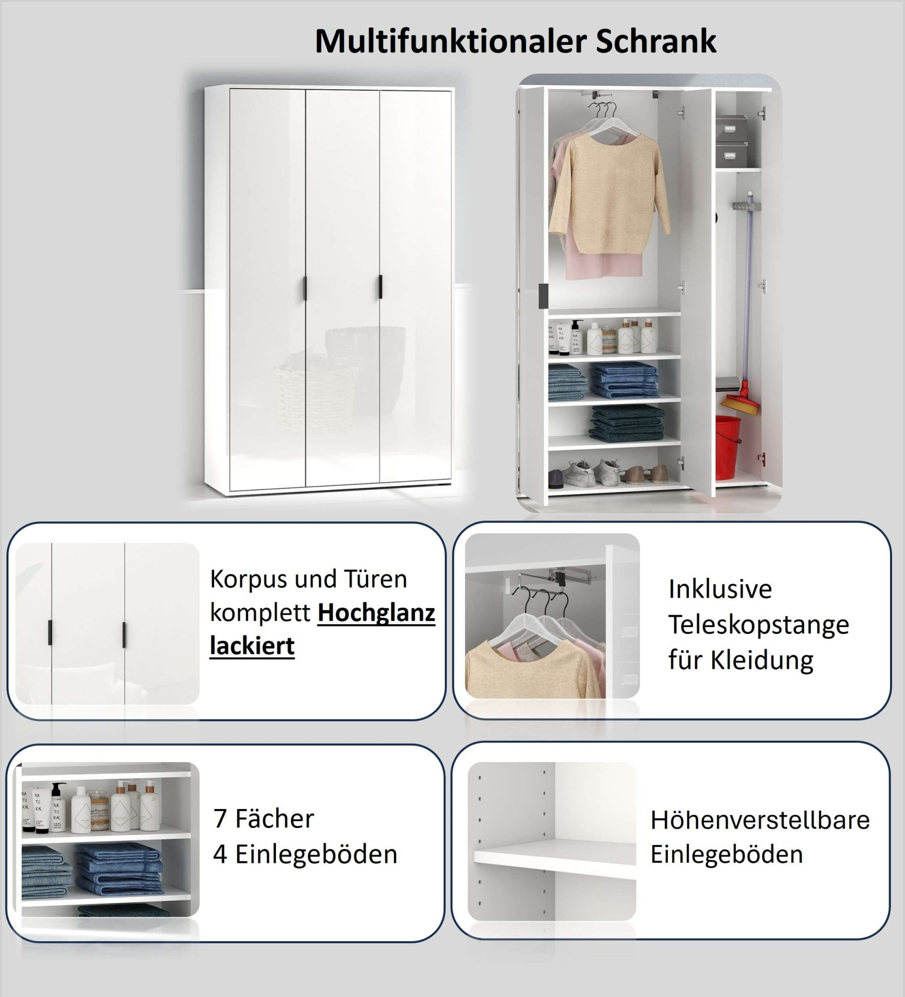 Home affaire Armoire multi-usages »JOLLY, Stauraumschrank , Breite 107 cm , Höhe 178 cm« 1 cuis tlg. 3 Türen,1 kl.+3 grosse Böden,1 Auszugsstange,Schrank Hochglanz lackiert