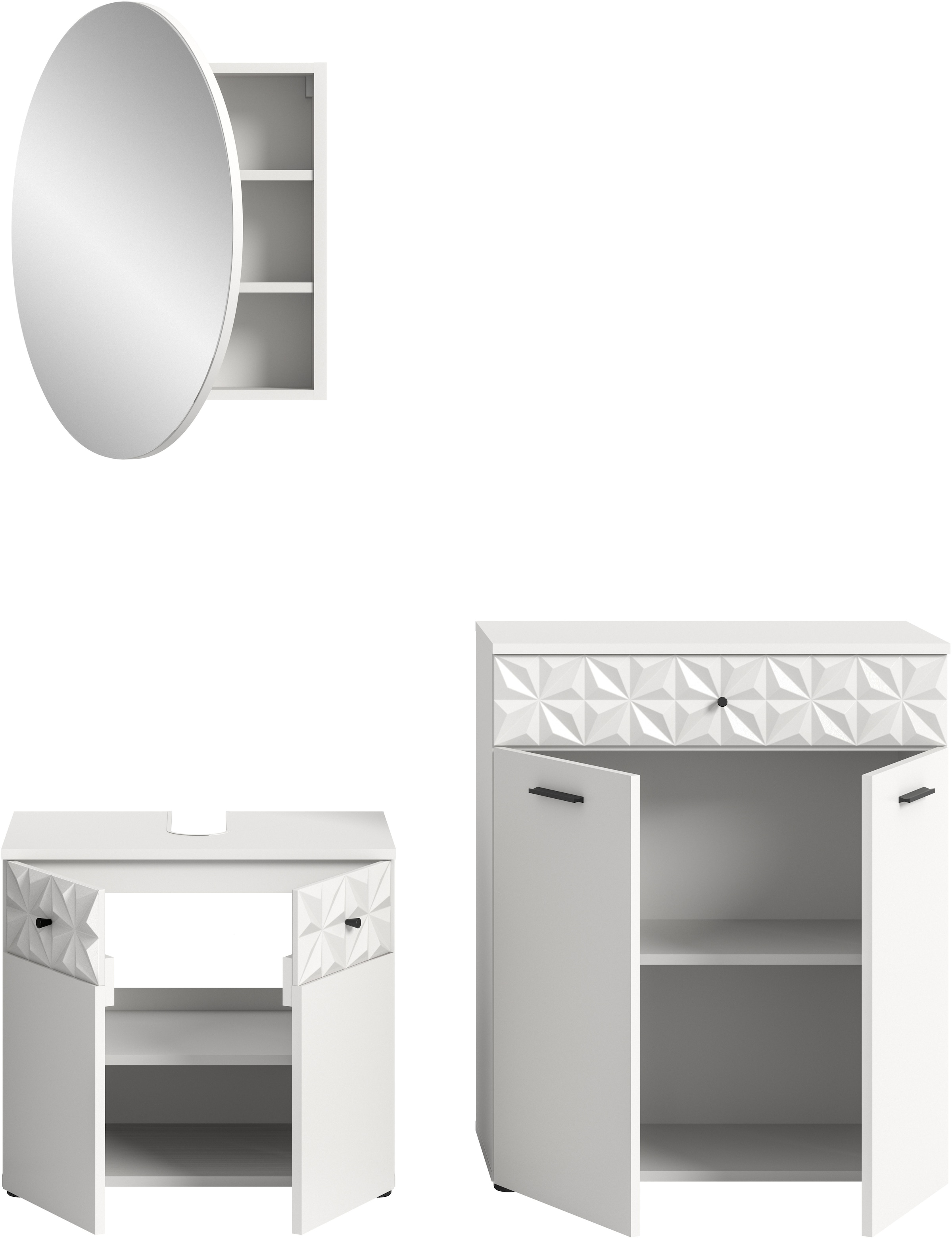 INOSIGN Badezimmer-Set »VICENZA, TOPSELLER!, Breite 145cm, 3-teilig, mit Ornamentabsetzung« best. aus: Waschbeckenunterschrank, Spiegelschrank und Unterschrank, 