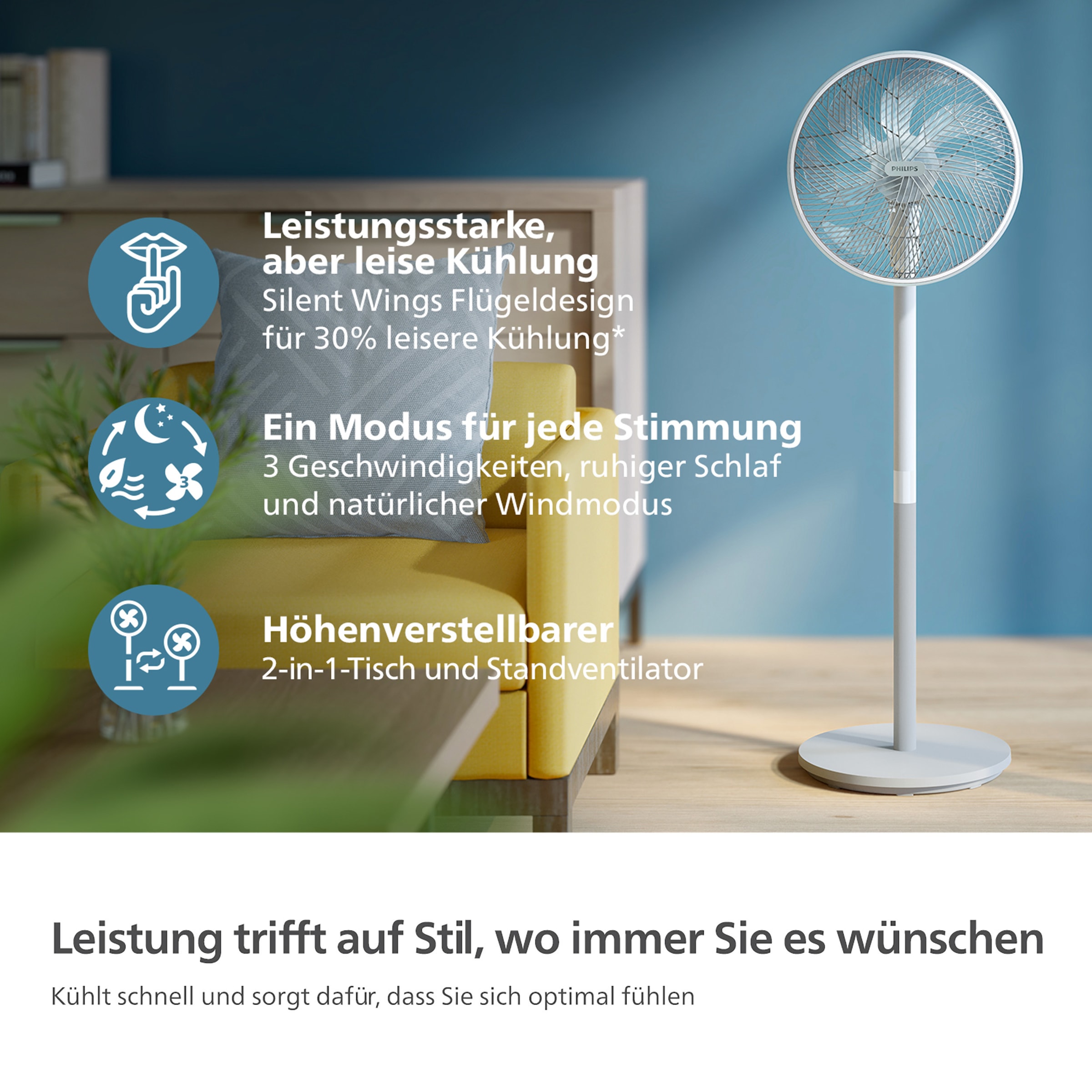 Philips Standventilator »CX2550/00 Serie 2000, mit extrem leiser SilentWings-Technologie, 19 dB« 2-in-1-Tisch- & Standventilator, neig- & drehbar, elegantes Design