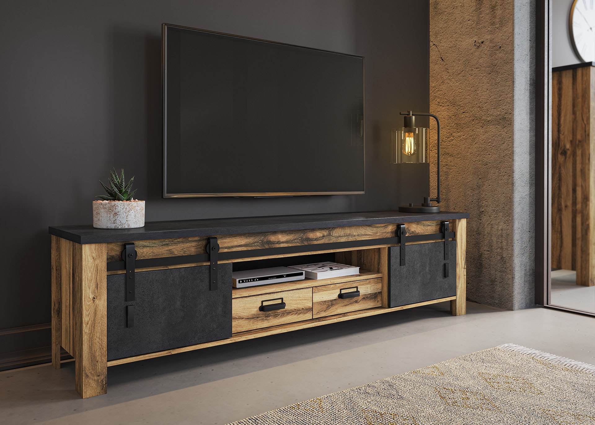 Home affaire Meuble mural »York, moderne Anbauwand, Wohnzimmer-Set in Hunton Oak, 201 cm breit« Komplett-Set, 3 cuis tlg.