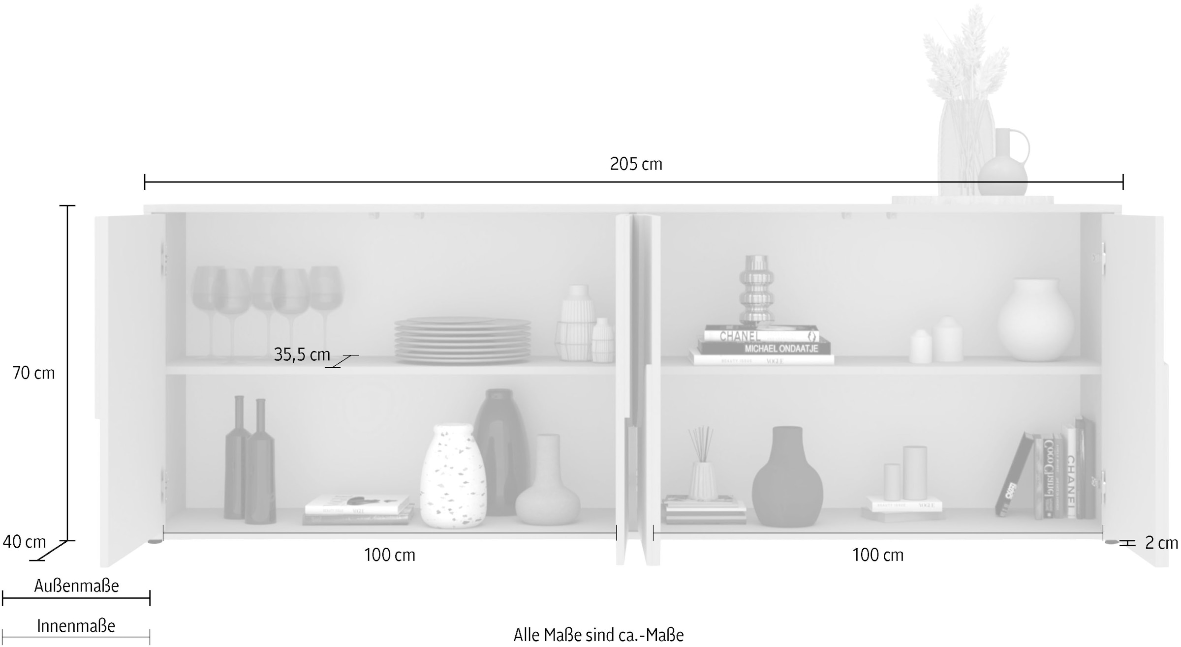 INOSIGN Sideboard »Stone, 205 cm breit, 4  Türen,  Anrichte, Kommode, Stauraumschrank« 3D-Design, Push-to-open, Innenraum grosszügig, Füsse 14/2 cm wählbar