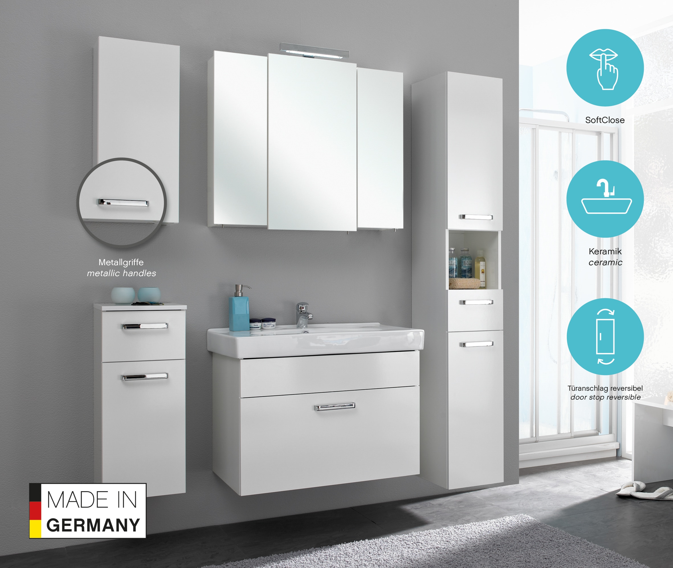 Saphir Armoire suspendue »Quickset Wand-Badschrank 25 cm breit mit 1 Tür und 2 Einlegeböden« armoire suspendue de salle de bain avec amortisseur de porte, poignées chromées brillantes