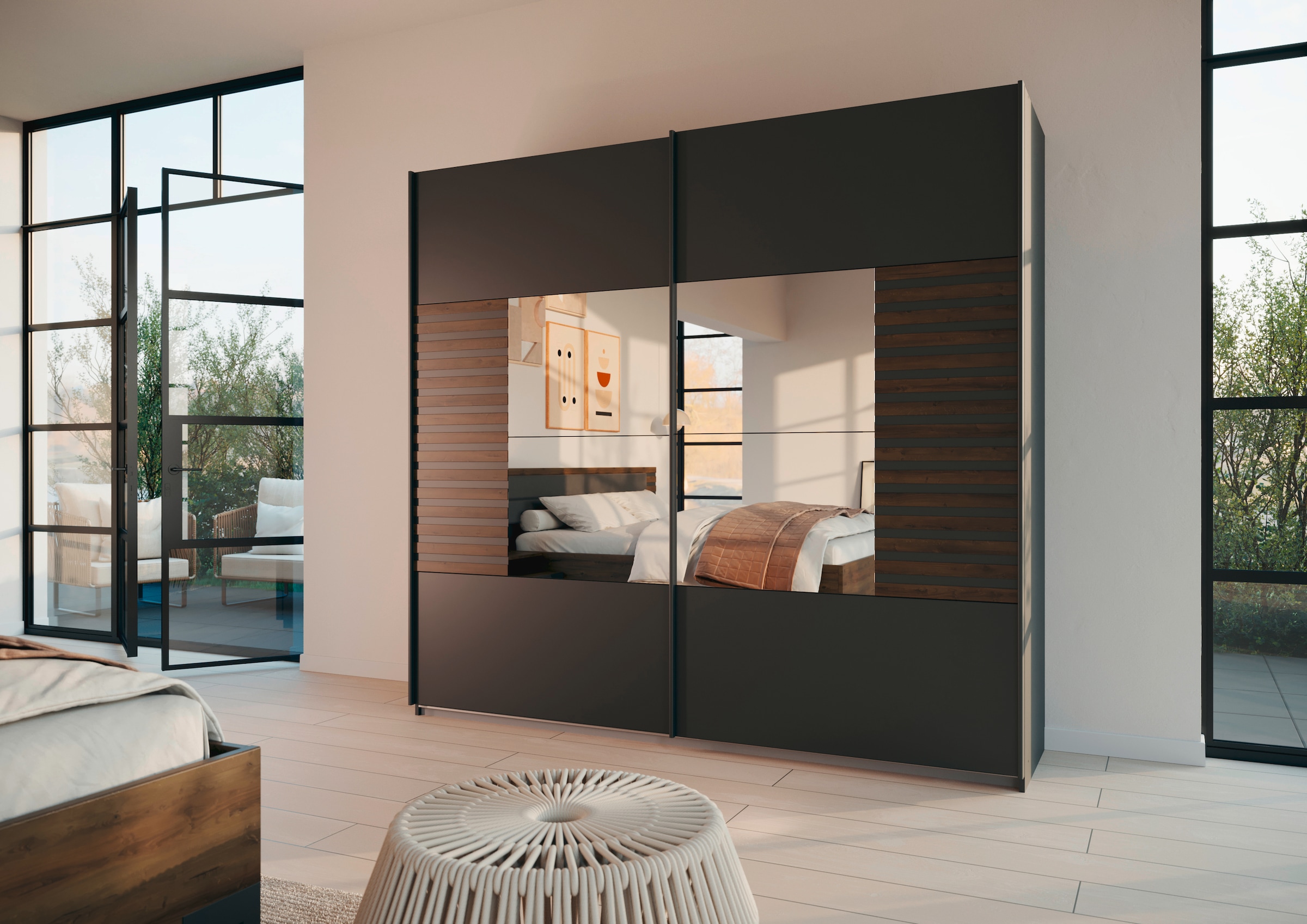 rauch Schwebetürenschrank »Kleiderschrank Schrank Garderobe Schlafzimmerschrank BAREA« Front- Auflage in moderner Lamellen-Optik und Spiegel MADE IN GERMANY