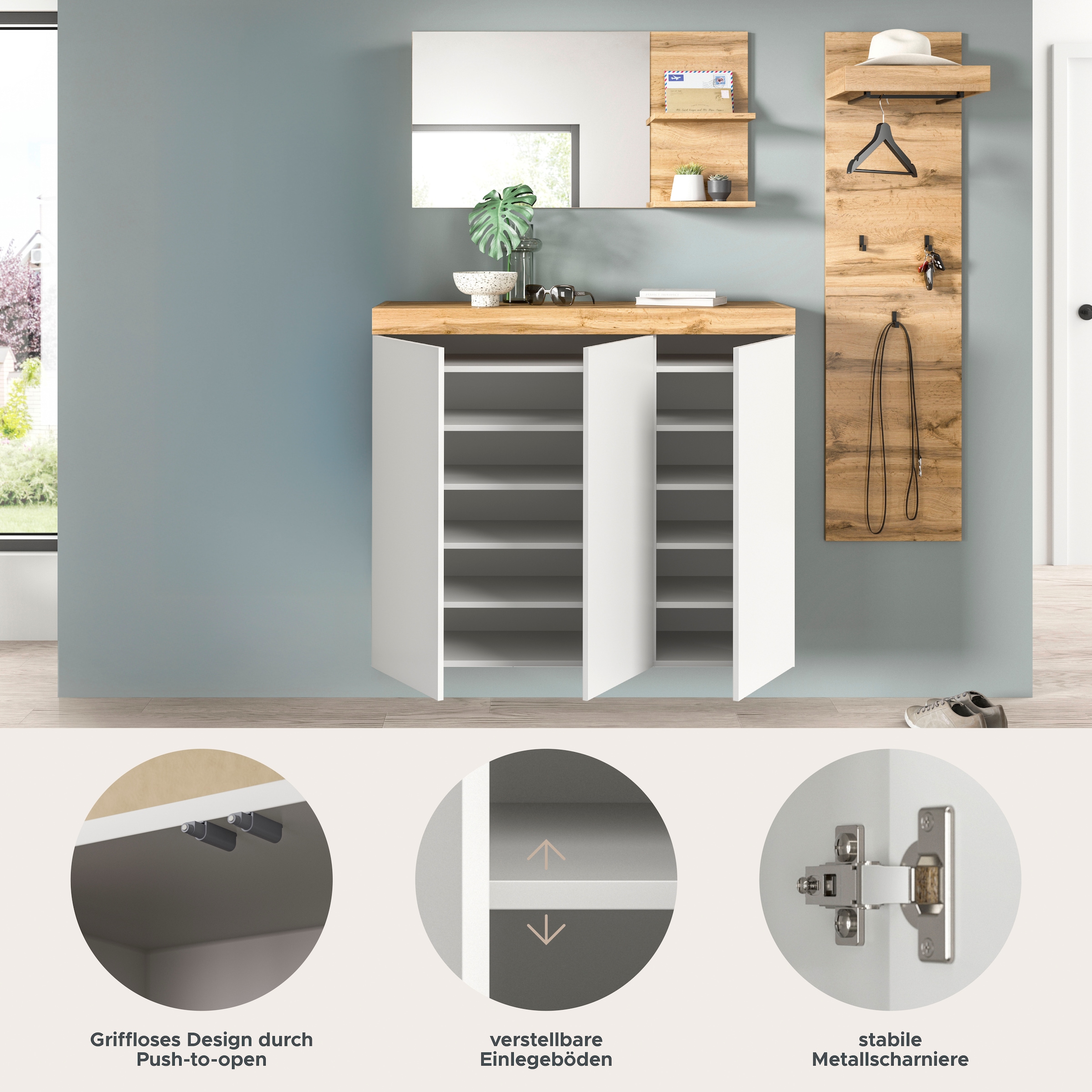 GOODproduct Garderoben-Set »MAMBO, 3-teilige Kombination, stehend & hängend montierbar« bestehend aus: Kommode, Spiegel, Garderobenpaneel, 3 Stk. tlg.