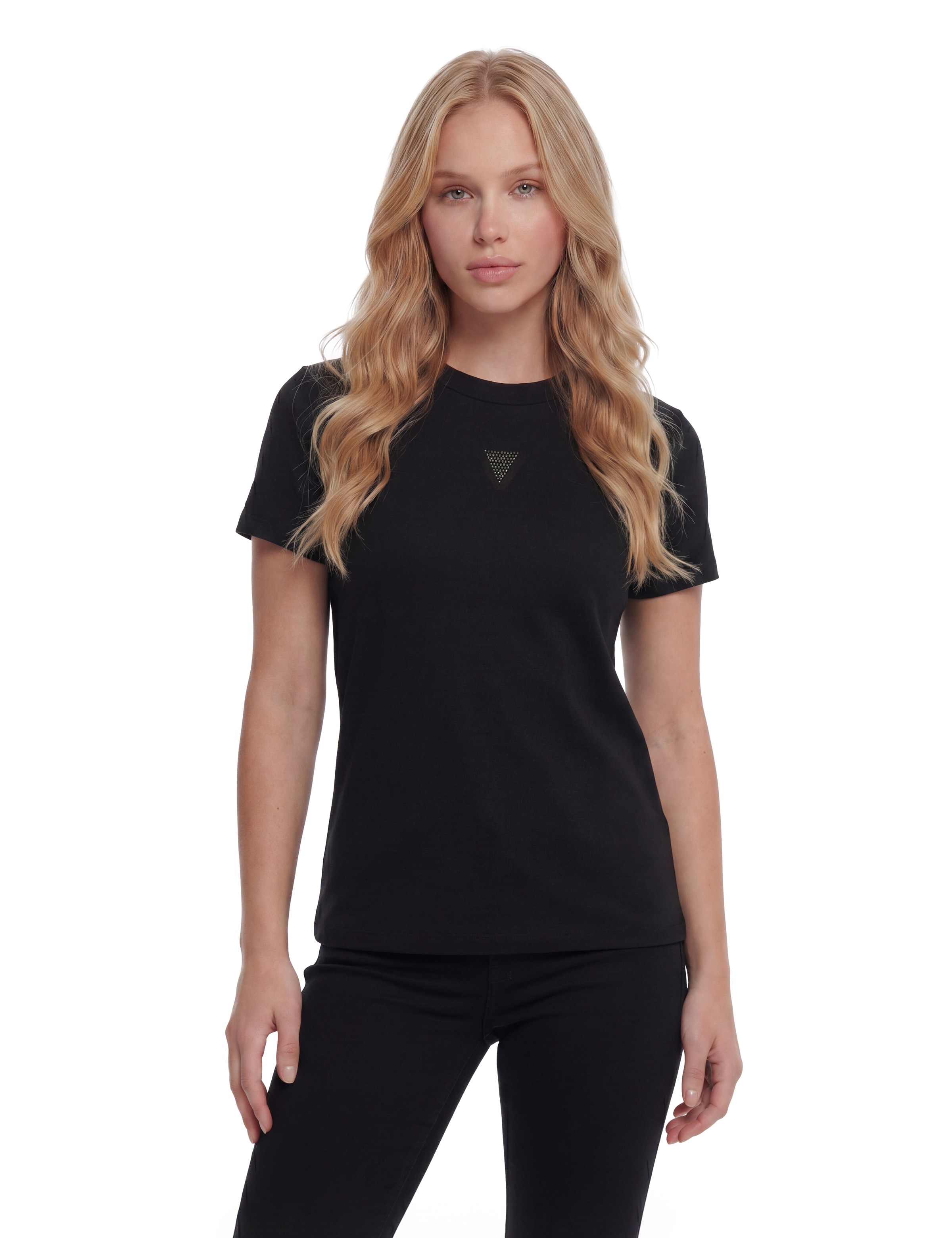 Guess Stehkragenshirt »SS LICIA MOCK NK TOP« mit Strass-Logo, Viskosemix