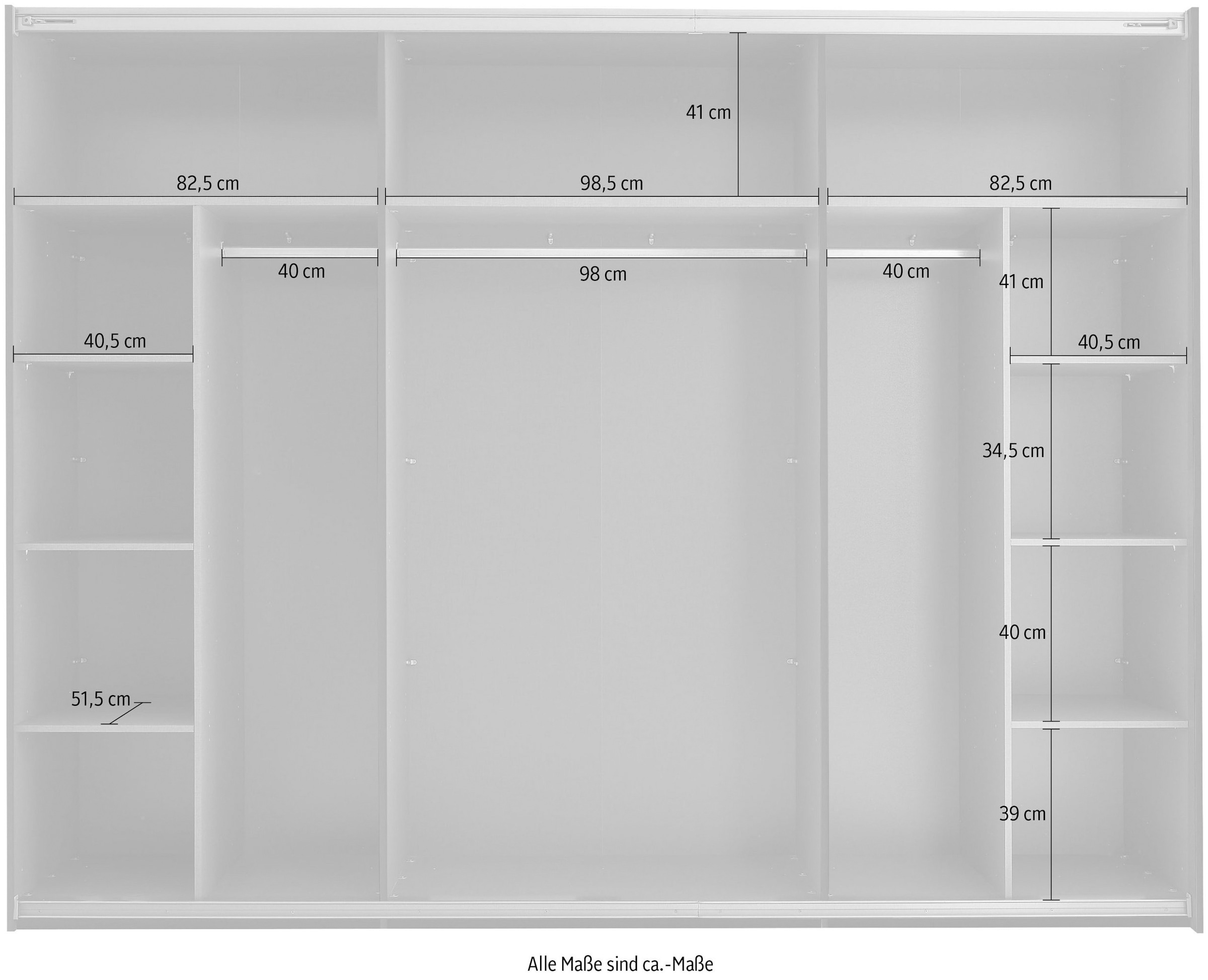 Schlafkontor Schwebetürenschrank »Mesio, 2-türiger Kleiderschrank, Schiebetürenschrank mit viel Stauraum« inklusive Hoteleinteilungen aussen und Einlegeböden oben