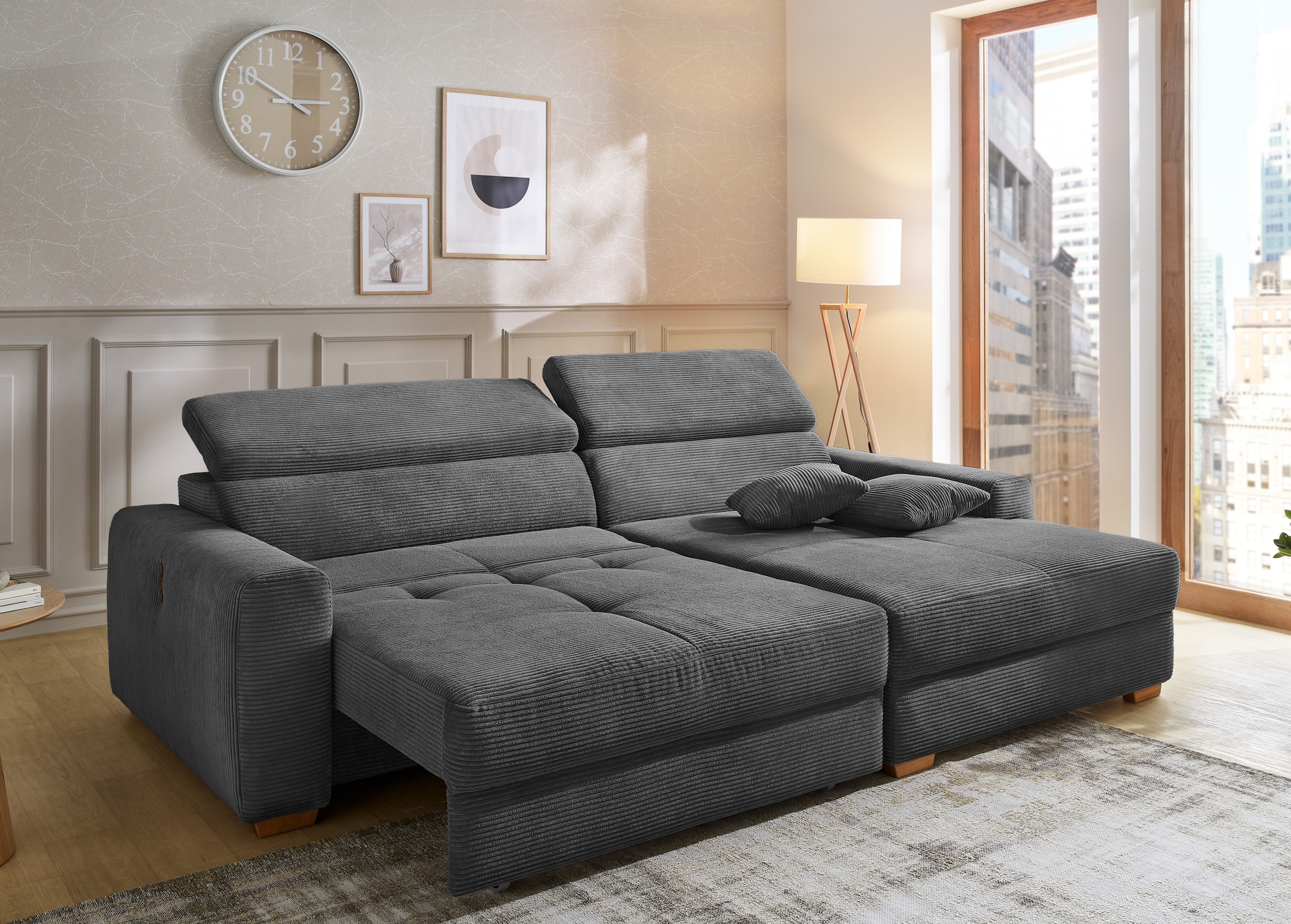 Jockenhöfer Gruppe Ecksofa »Slider L-Form, B: 277 cm Couch, 60cm elektrische Sitztiefenverstellung« 140kg Belastbarkeit, USB-Anschluss, Kopfteilverstellung & Zierkissen
