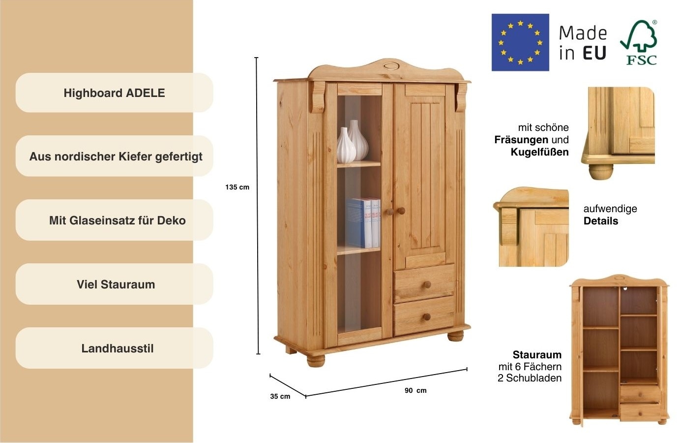 Home affaire Highboard »Adele« Stauraumschrank, 2-türig, Höhe 135 cm, aus massiver Kiefer, FSC®