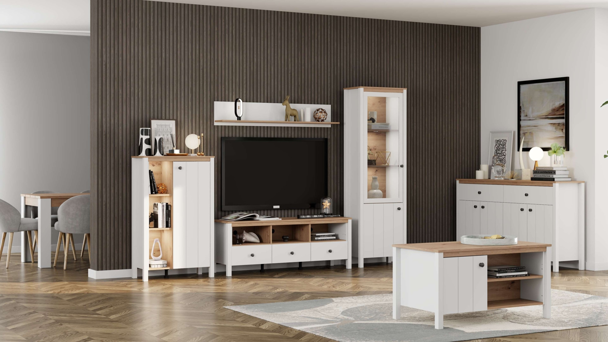Home affaire Vitrines »BEDFORD Vitrinenschrank, Glasschrank, Standvitrine, Highboard« Profil MDF 2D revêtu, estampage à chaud, chants ABS 1 mm, 4 tablettes