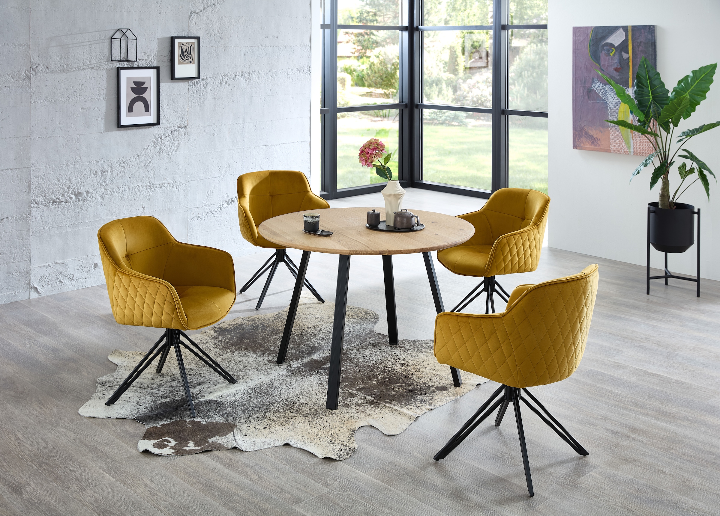 Stolkom Esstisch »Nils Massivholz rund, Esszimmertisch Eiche, BxH 110x75 cm« Stabiles 4-Fuss Metallgestell, Boden bis Unterkante Tisch ca. 69 cm