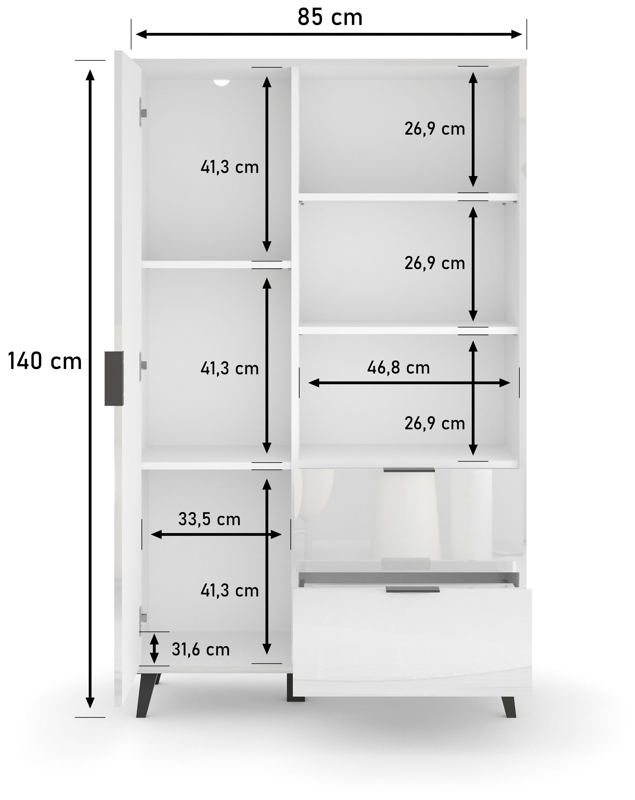 GOODproduct Buffet haut »Oslo, B/H/T: 85/140/33 cm« 1 cuis tlg. Tiroir, étagères réglables en hauteur, poignées en métal noir