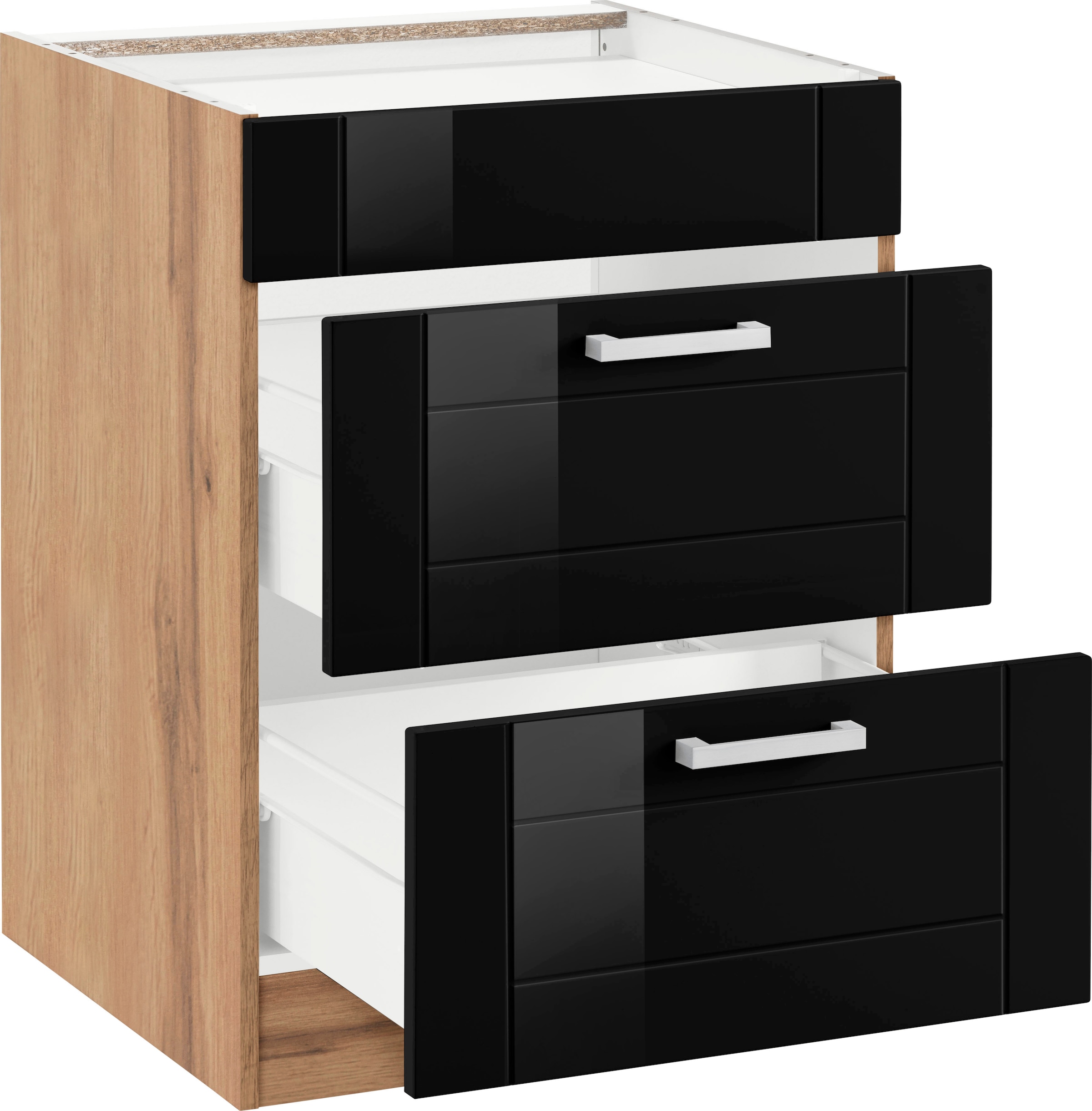 KOCHSTATION Armoire d'encastrement pour table de cuisson »KS-Tinnum« 60 cm de large, 2 tiroirs, poignées métal, façades MDF