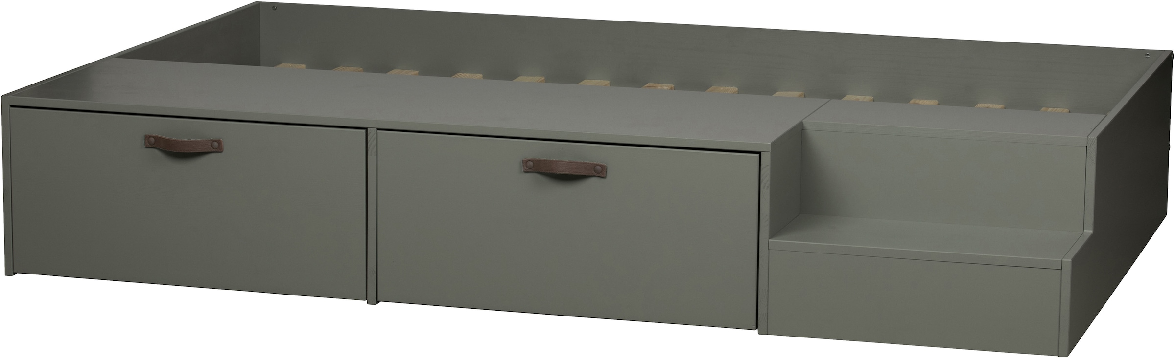 WOOOD Stauraumbett »Stage Massivholz FSC®-Kiefernholz mit Trittstufen 204 x 131 x 35 cm« Rollauszüge mit Ledergriff, breite Holzkante, Matratzenmass 80x200 cm
