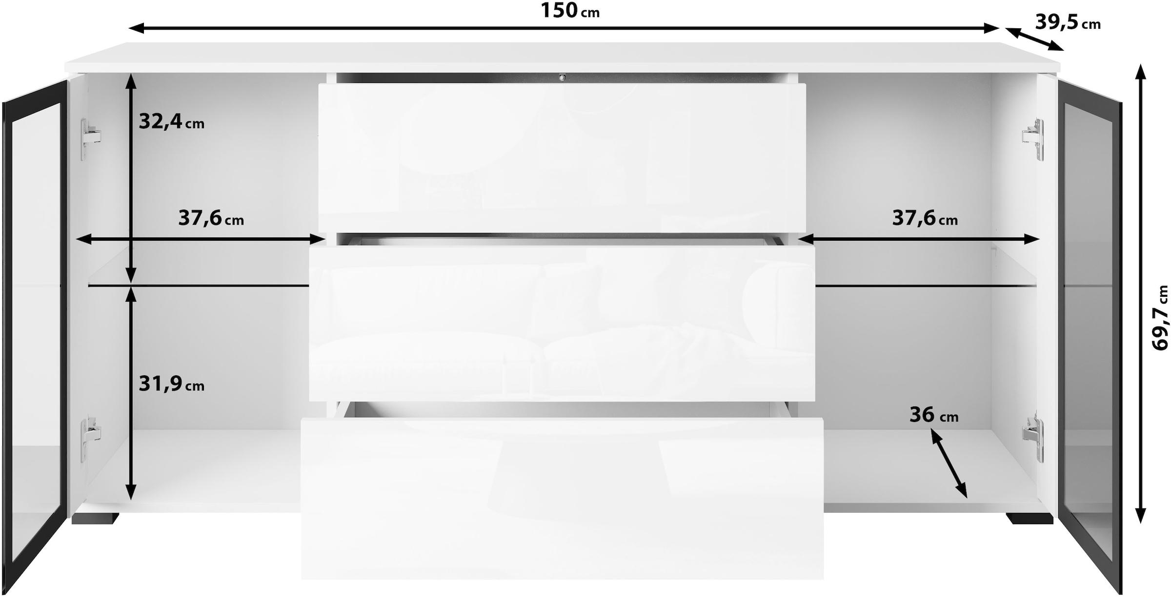Home affaire Buffet »modernes Design mit Glaseinsätzen und 3 Schubladen, Breite 150 cm« 1 cuis tlg. façades sans poignées avec push-to-open, étagères réglables en hauteur,