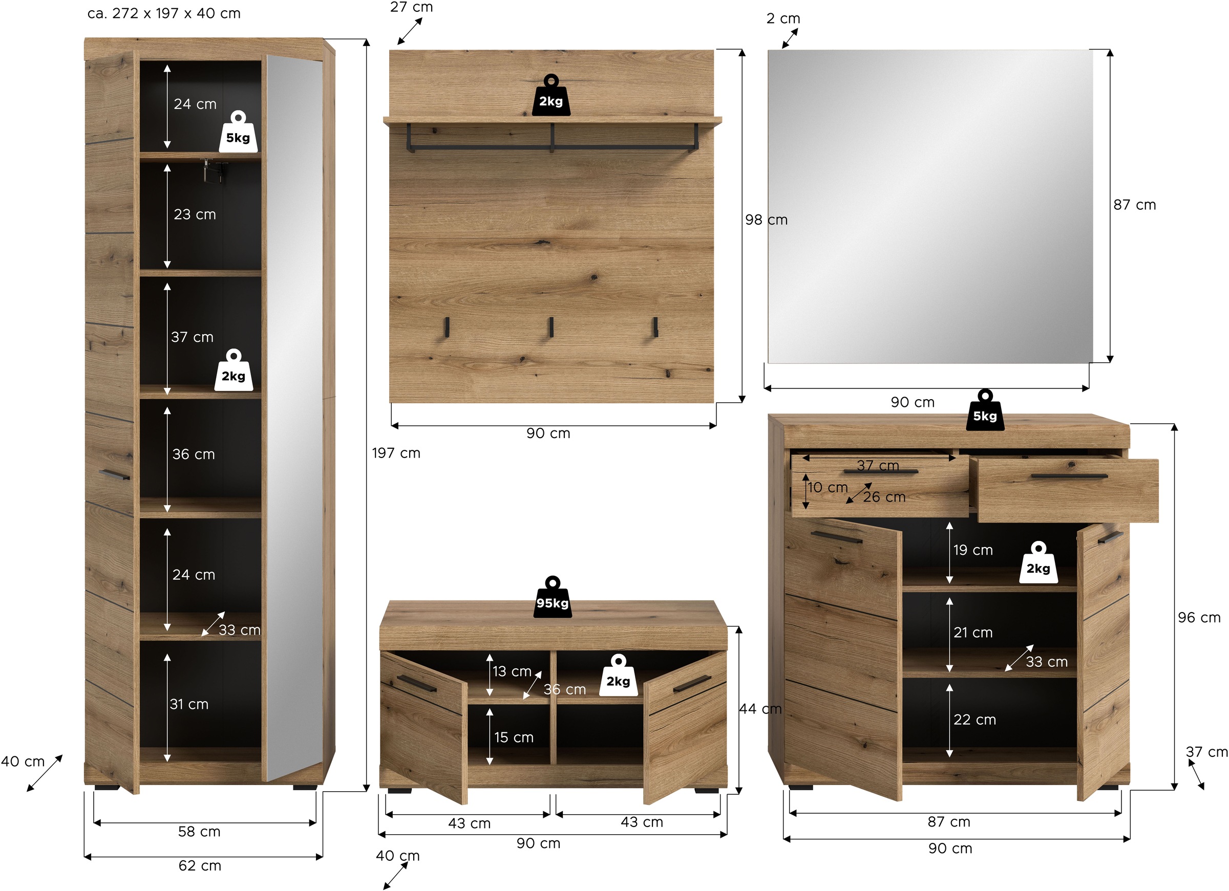 INOSIGN Ensemble de vestiaires »SIENA, Breite 272 cm, 5-teiliges Set, individuell stellbar« Komplett-Set, best.aus: Garderobenschrank, Sitzbank, Paneel, Schuhschrank & Spiegel, 5 cuis tlg.