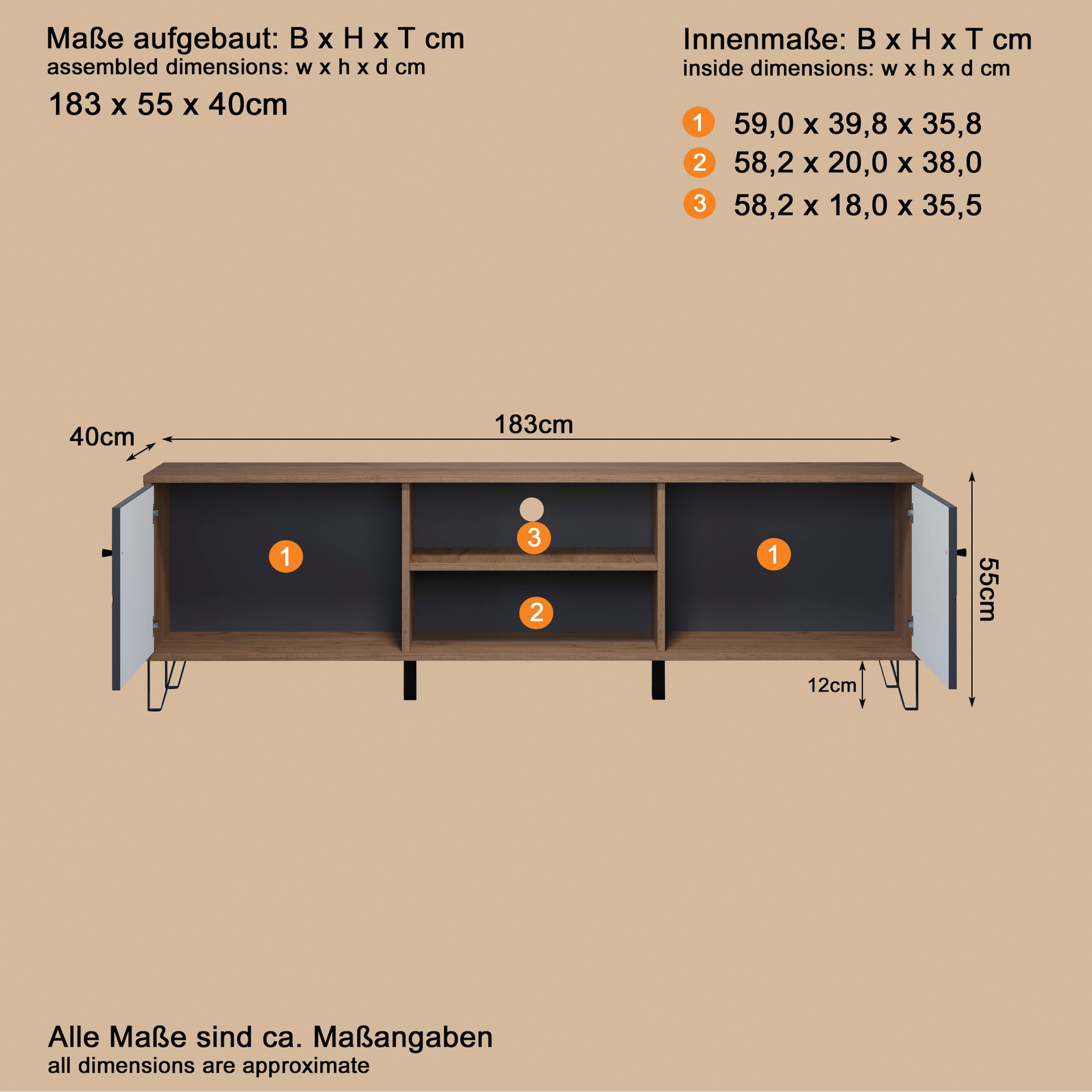 PLACES OF STYLE Lowboard »Molveno« 1 Stk. tlg. TV-Unterteil mit 2 Türen & 2 Fächern - (B/T/H) 183/40/56 cm