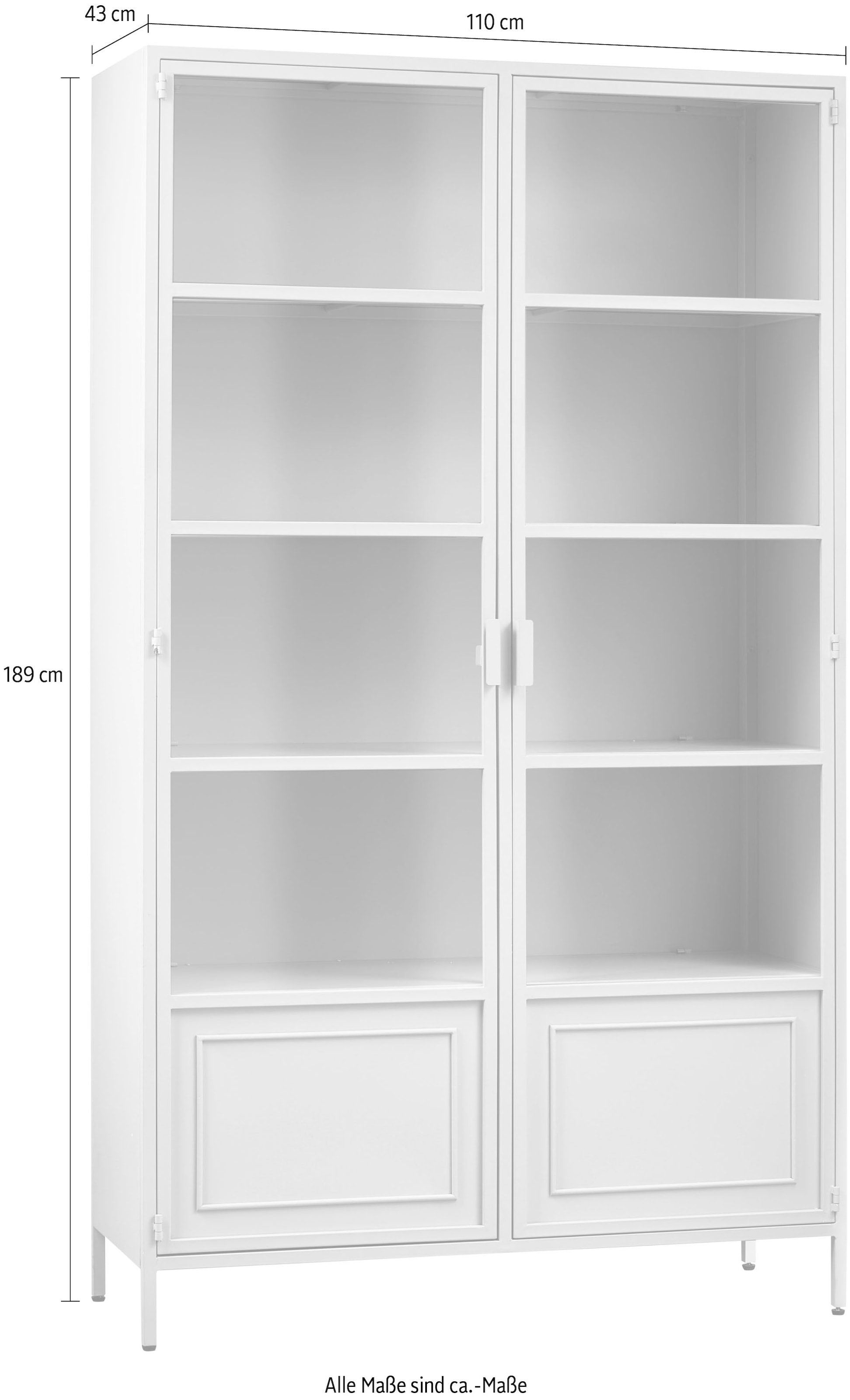 WOOOD Vitrine »Ronja XL Metall pulverbeschichtet mit Glastüren, H189 x B110 x T43 cm« Tragkraft 20 kg pro Boden, pfleigleicht, einfach zu montierbar