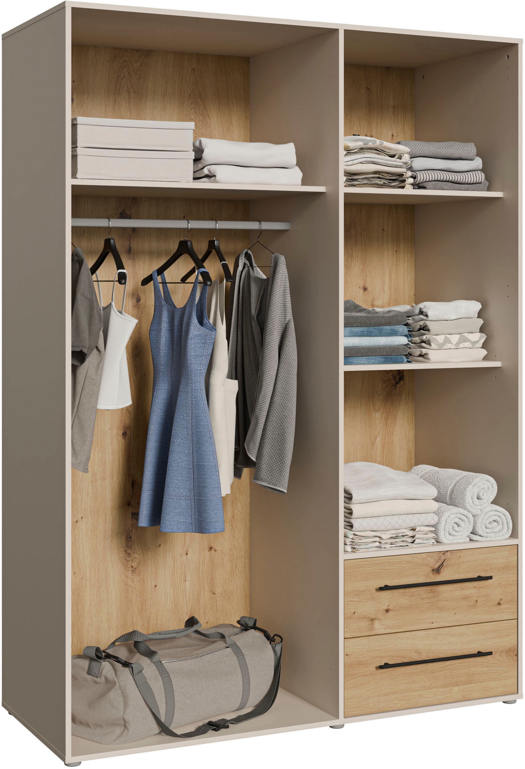 FORTE Armoires à vêtements »Mokkaris , Garderobe, zeitloses Design, 3 Türen, Made in Europe« L/H/P env. 144x200x59 cm,  Deux tiroirs, poignées barres noires, rangement, aussi en noir