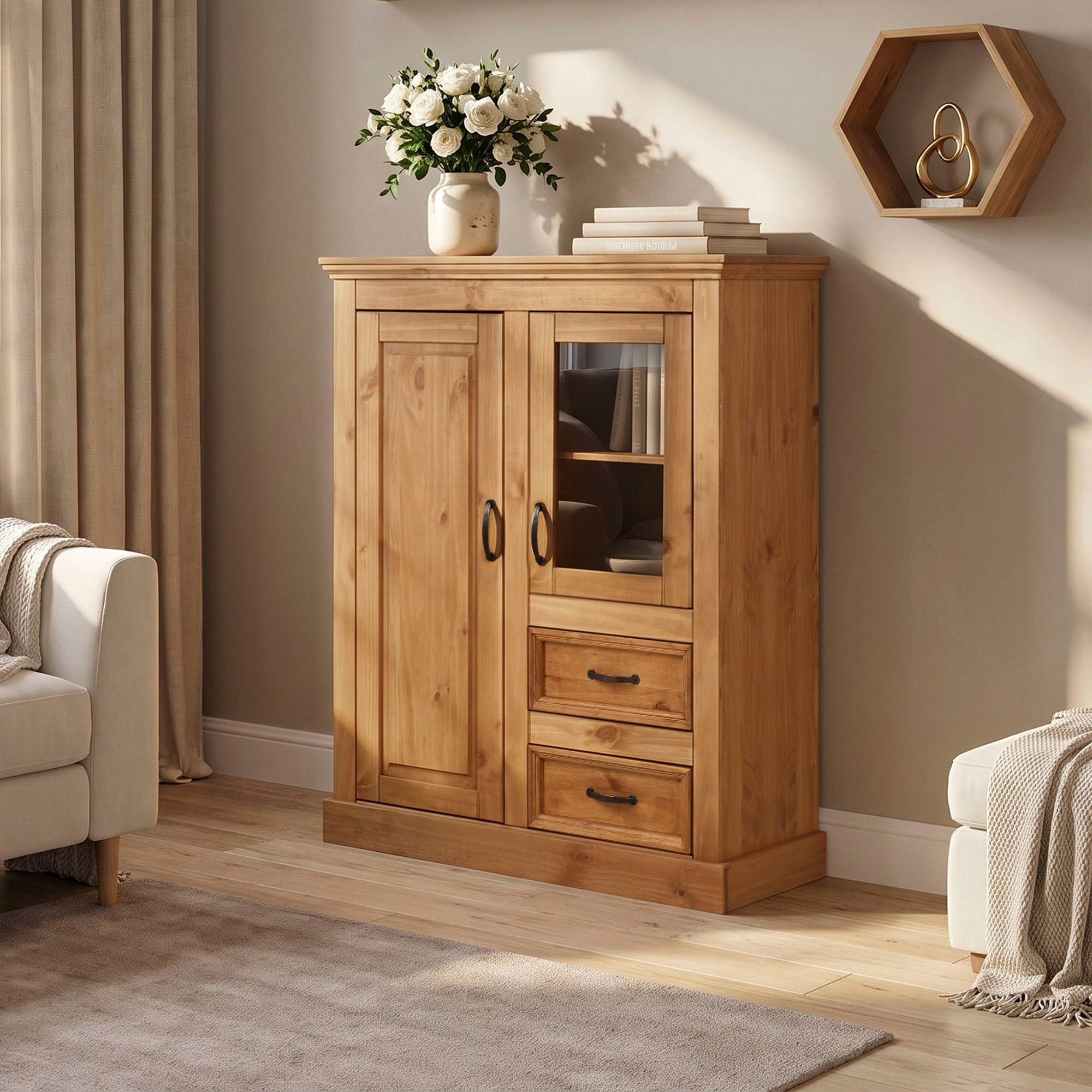 GOODproduct Highboard »Selma Vitrine mit 2 Türen, eine davon mit Glaseinsatz und 2 Schubläden« aus massivem Kiefernholz, mit einer natürliche Maserung, Metallgriffe
