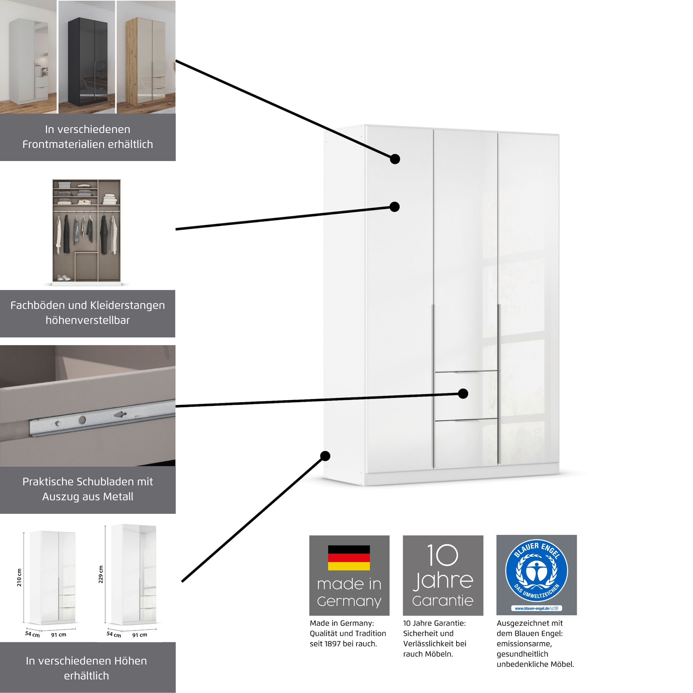 GOODproduct Drehtürenschrank »Kleiderschrank Kleiderschränke Schrank Garderobe AGORDO mit Glasfront« in zwei Griff-Farben, Breiten 91-360 cm,  mit Aussenschubkästen, in 7 Breiten und 2 Höhen MADE IN GERMANY