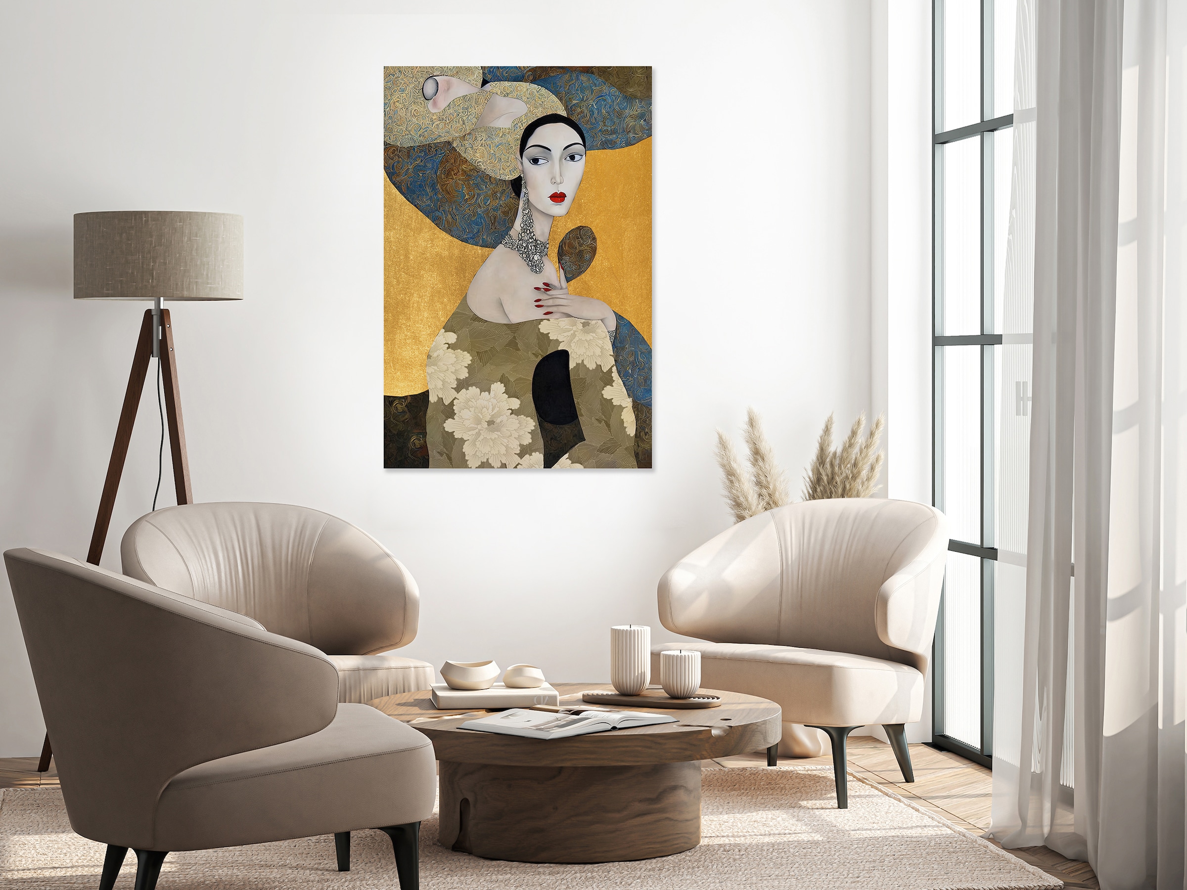 queence Tableau en verre acrylique »Wandbild, Goldbild, Bild Kunstkopie, Jugenstil, Frau mit Kette am Hals« Abstrait | Art | Fantasy Fini à la main avec feuille d'or pour un aspect noble et intemporel.