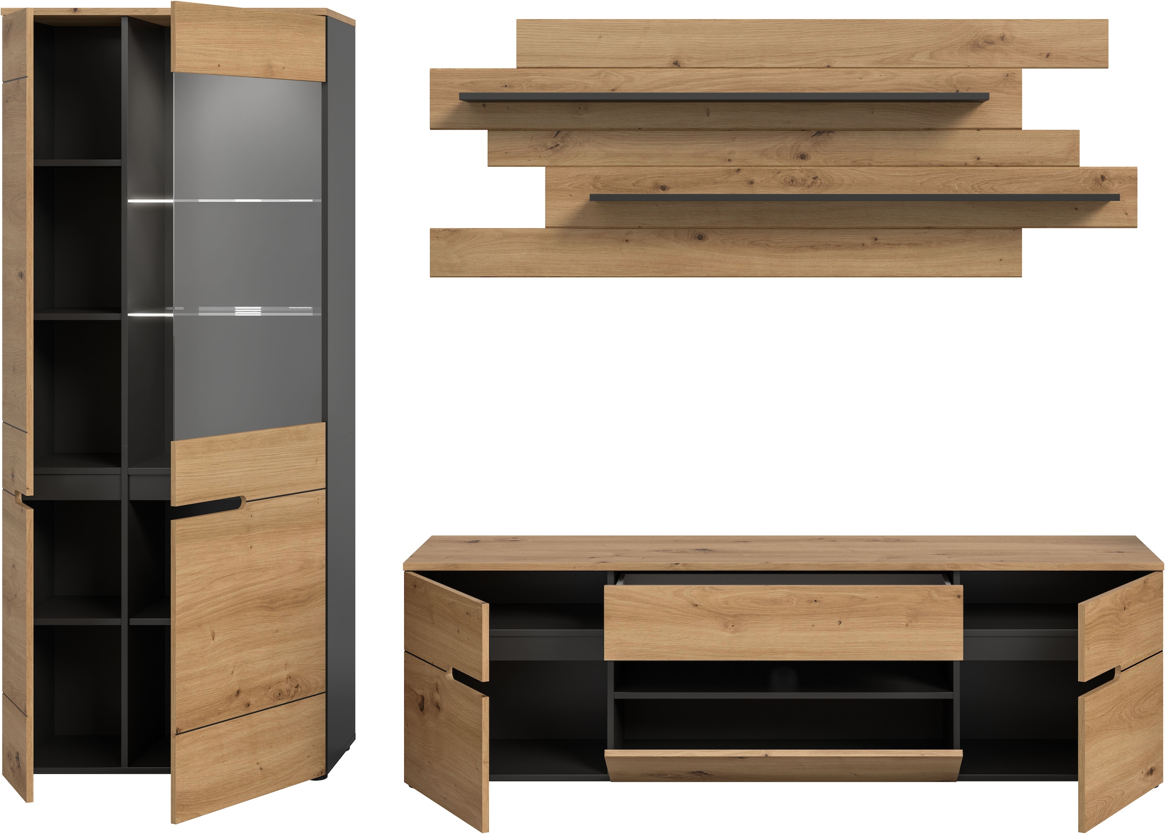 INOSIGN Meuble mural »REHAT, TOPSELLER!, 3-teilig, Breite 280 cm, inklusive Beleuchtung« Set inkl. Beleuchtung, bestehend aus: Vitrine, Lowboard und Wandboard, 5 cuis tlg.