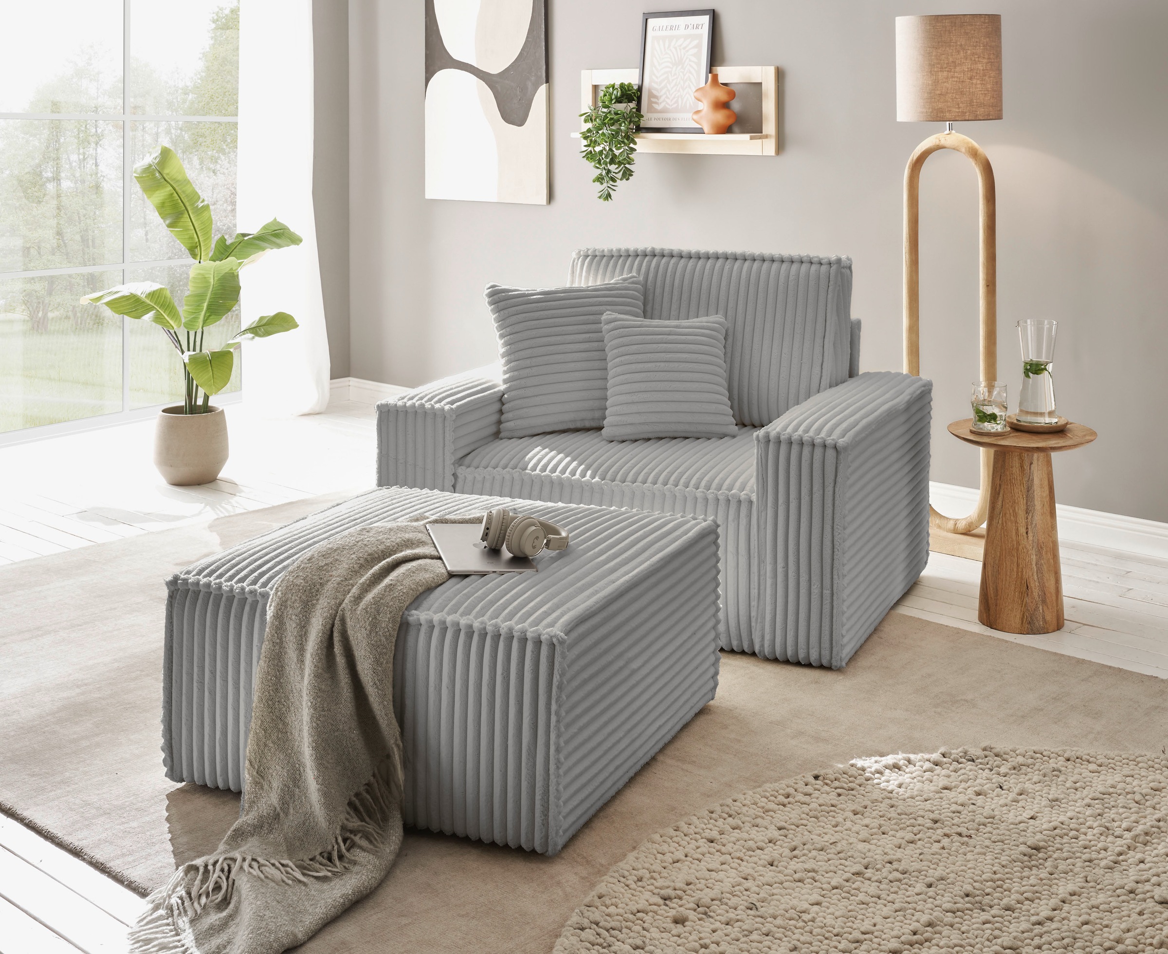 GOODproduct Loveseat »FINNLEY, Loveseat & Hocker im Set, trendige Stoffe, inkl. Zierkissen« 2 Stk. tlg. verfügbar in den Stoffqualitäten Bouclé, Struktur fein und Mega Cord