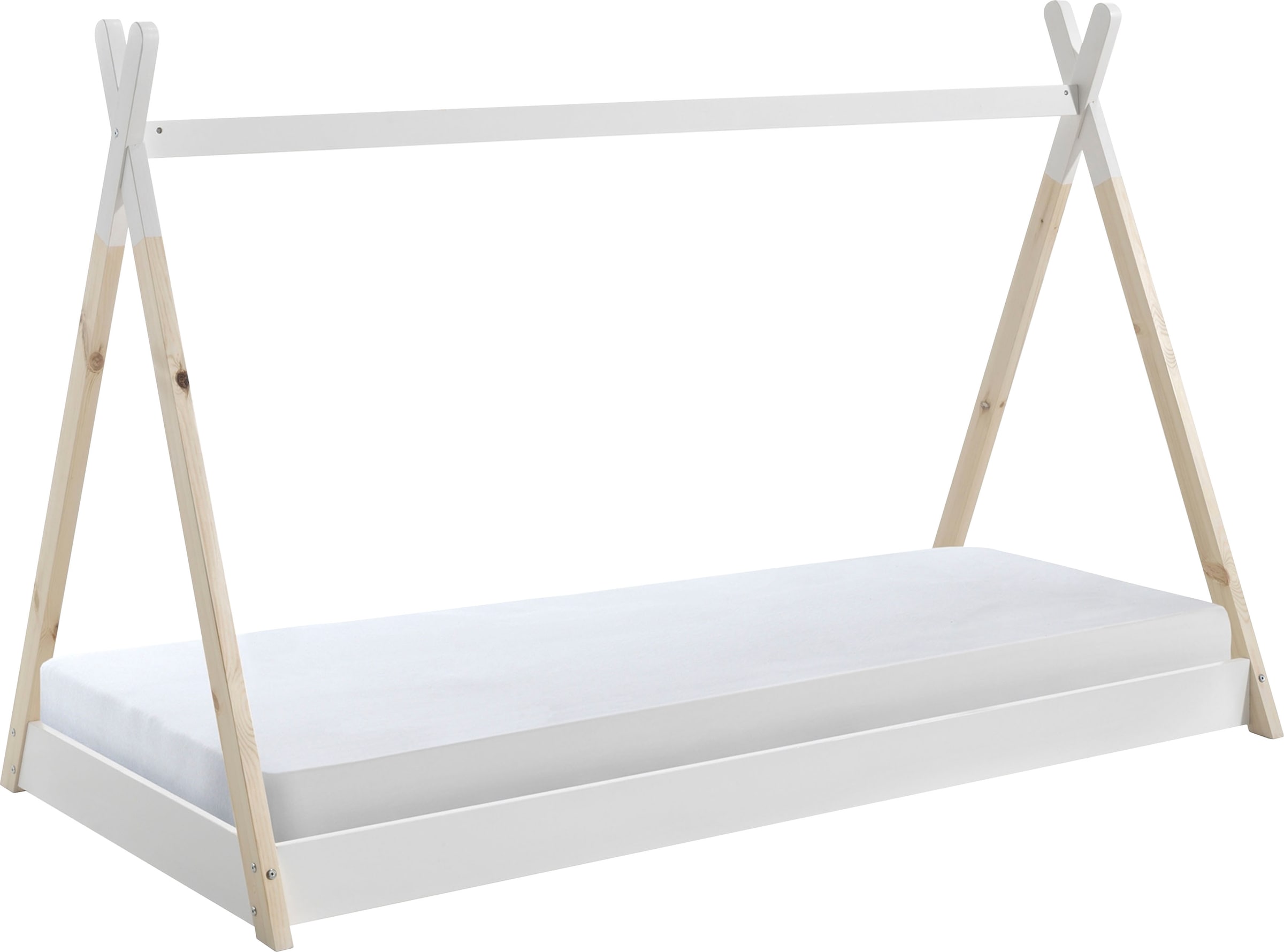 Vipack Lit d'enfant »TIPI, Kiefer massiv, 2-farbig lackiert, mit Rolllattenrost« L/H/P env. 206x134,5x105,5 cm, avec toit textile en tente,  entrée de lit basse, construction stable