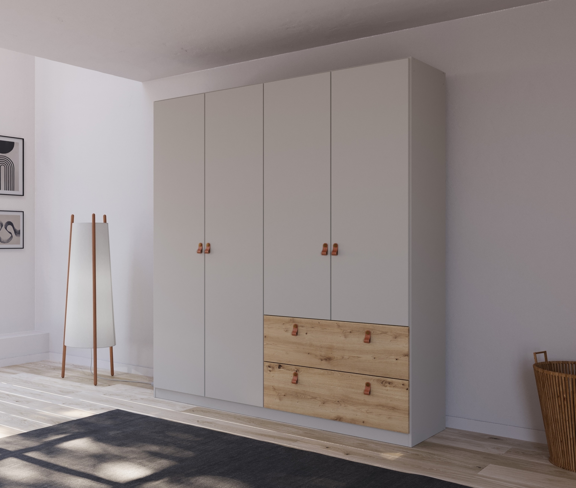 rauch Drehtürenschrank »Kleiderschrank Schrank Garderobe Ankleide HOMEY BY QUADRA SPIN« Breiten: 181/226/271 cm, Höhe 210 cm,  mit cognacbraunen Ledergrifflaschen, Schubladen in Eichen-Dekor