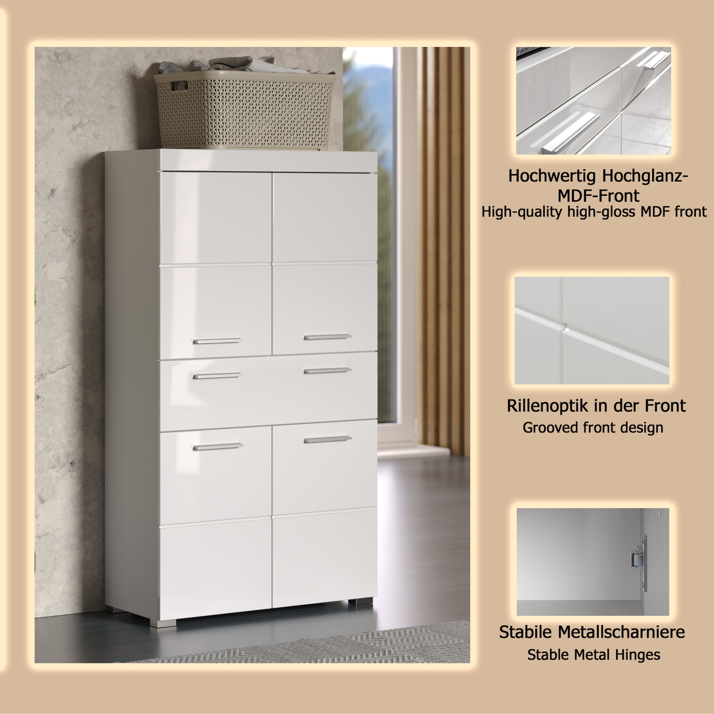 welltime Midischrank »Avena« Standschrank mit 4 Türen, 1 Schublade - (B/T/H) 73/31/130 cm