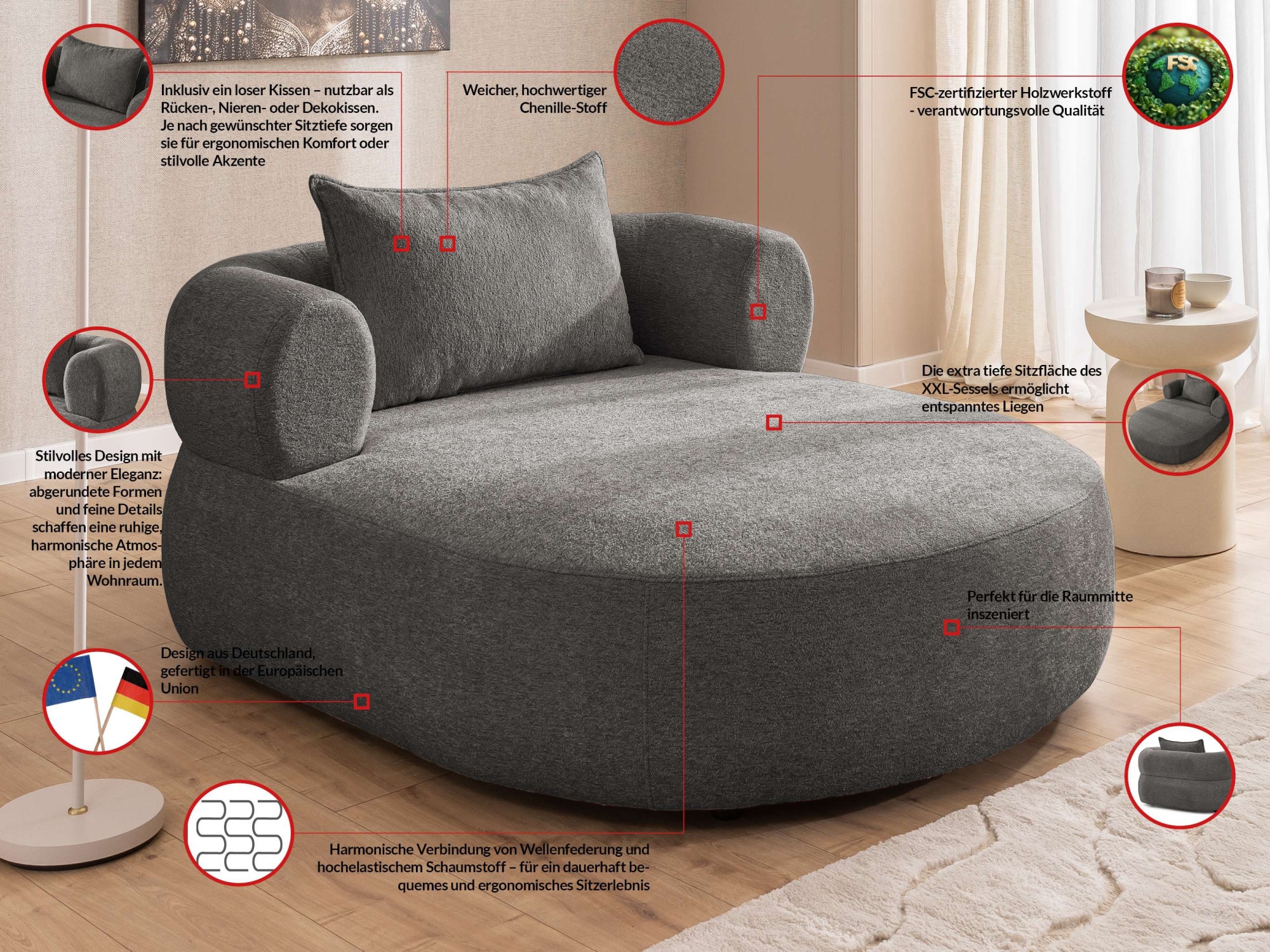 Home affaire XXL-Sessel »LUSSAC Loveseat extra tief, grosse Sitzfläche, Masse B/T/H: 123/158/78cm« hoher Sitzkomfort und modernes Design, Sofa ohne Bettfunktion