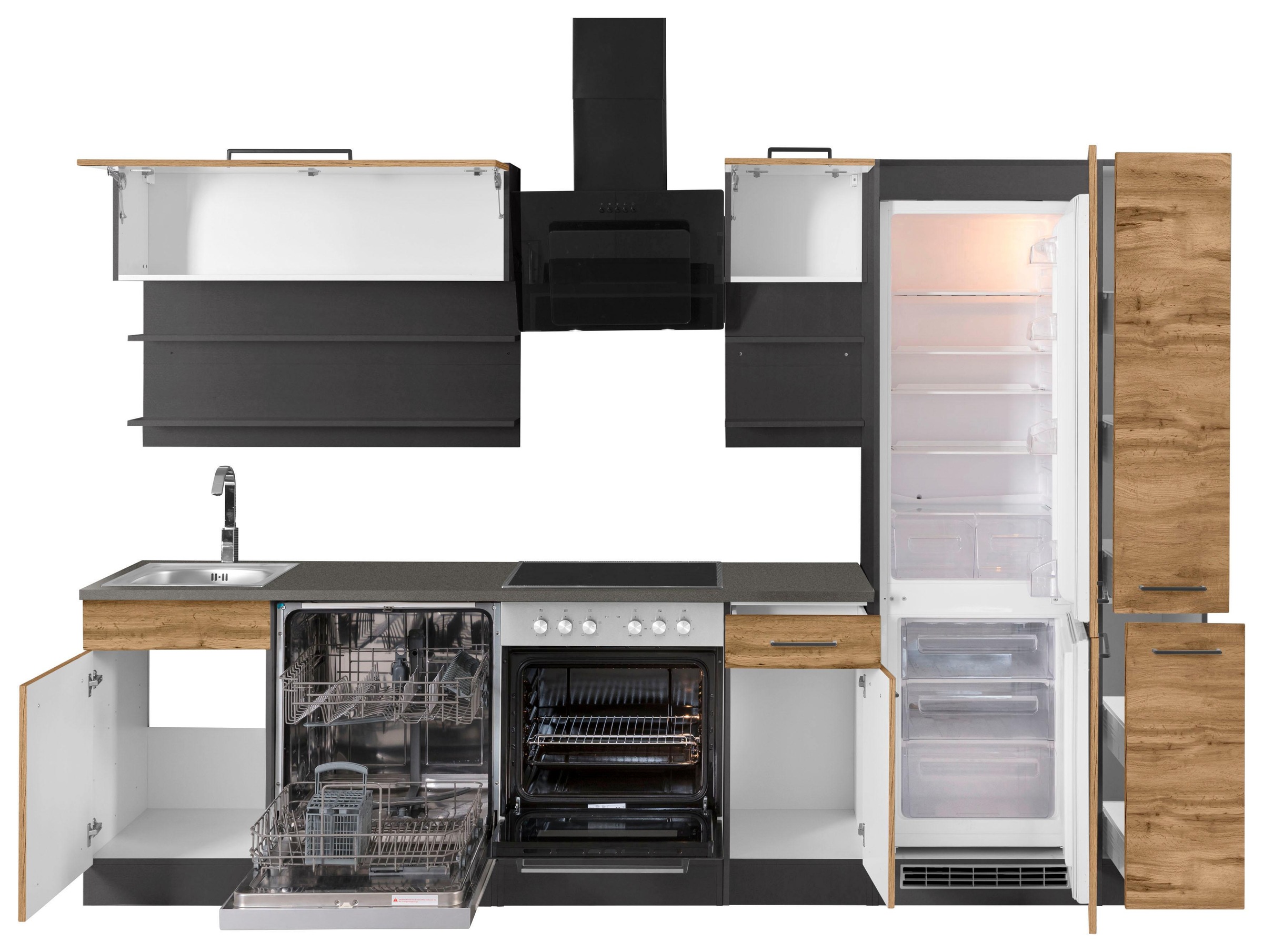 KOCHSTATION Küchenzeile »KS-Tulsa« ohne E-Geräte, Breite 300 cm, schwarze Metallgriffe, MDF Fronten