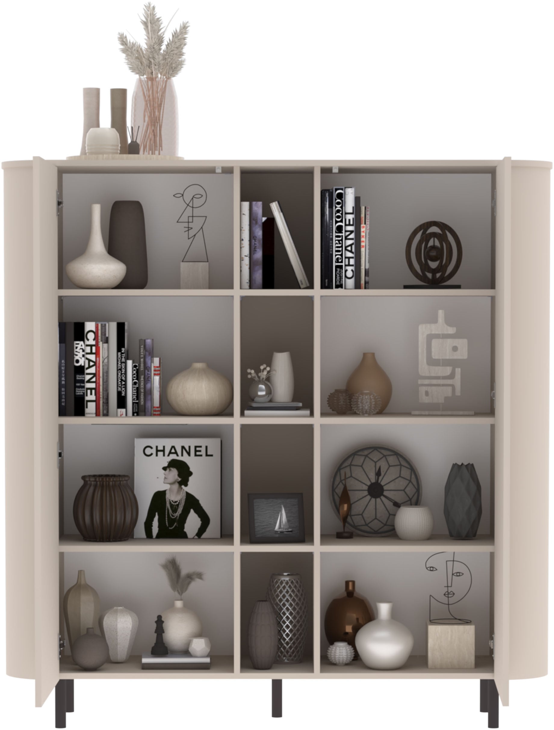 GOODproduct Buffet haut »Lido, B/H 150/154 cm, 2 Türen, 4 offene Fächer, Stauraumschrank« Formgebogenes MDF, Stirnseiten mit Rundung, Push-to-open, Metallfüsse