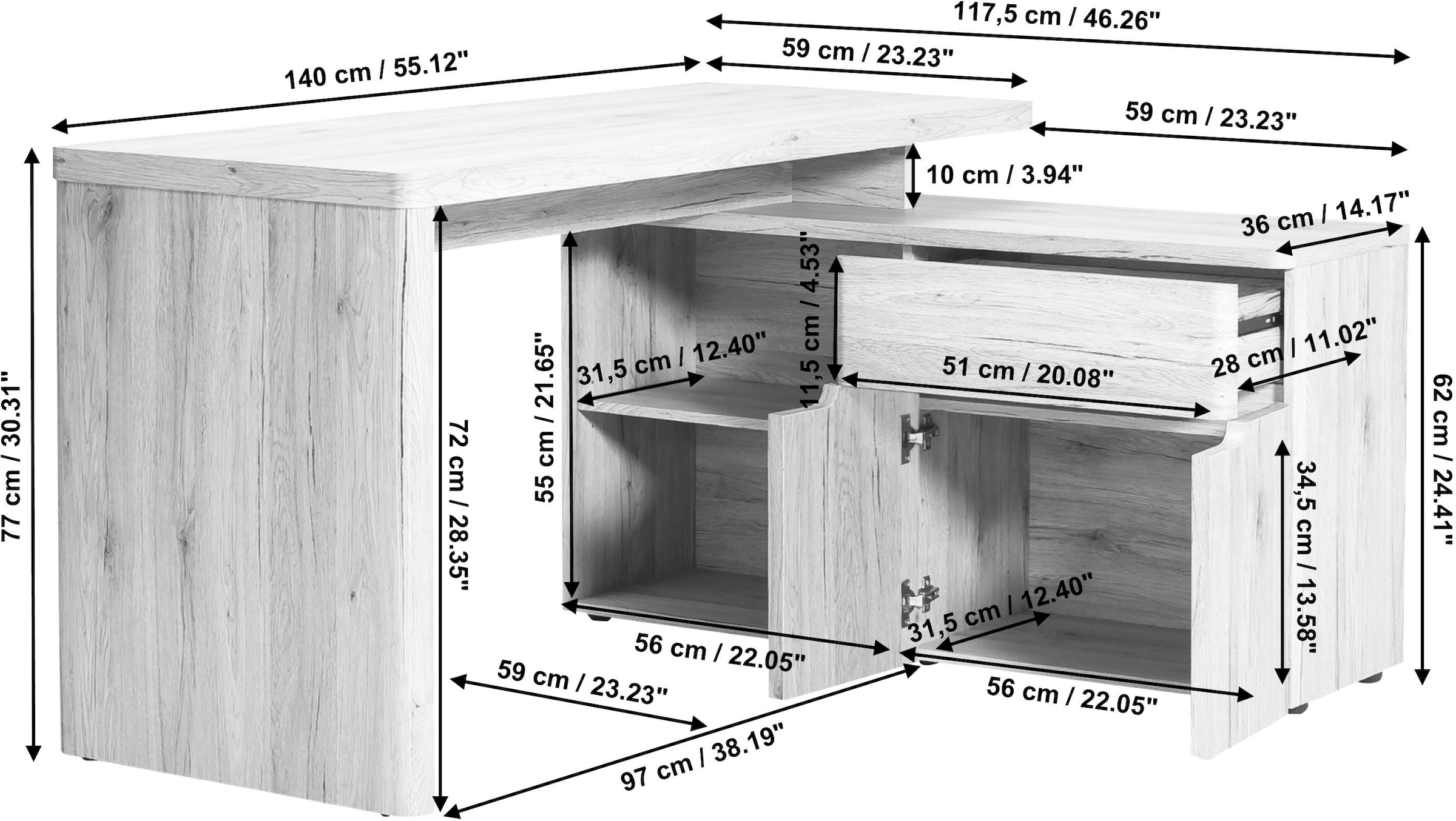 Jahnke Bureau d'angle »CU-LIBRE 150 E« 1 cuis tlg. montable dans les deux sens