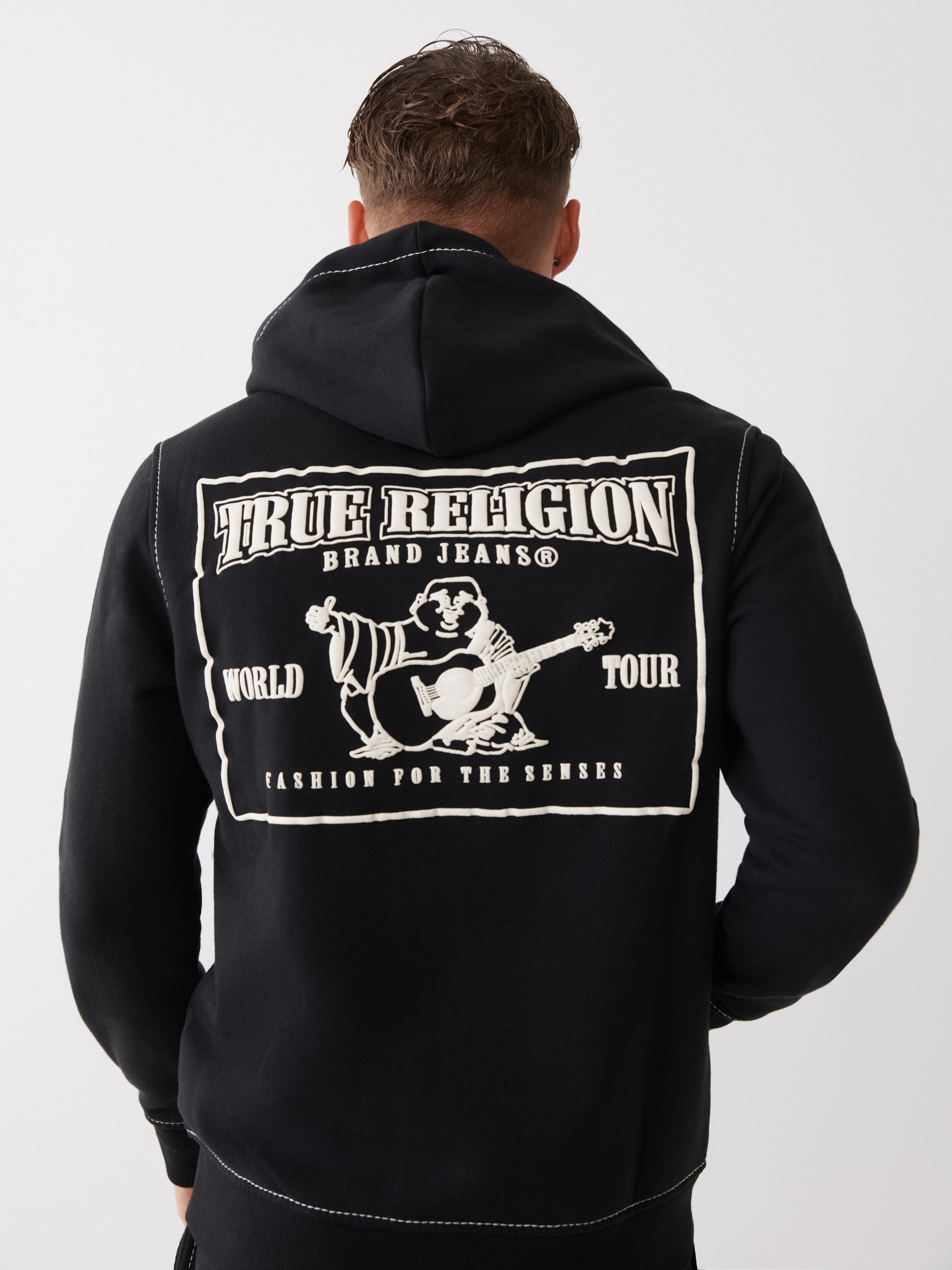 True Religion Sweat à capuche »BIG T ZIP THRU HOODIE JET BLACK« mélange de coton