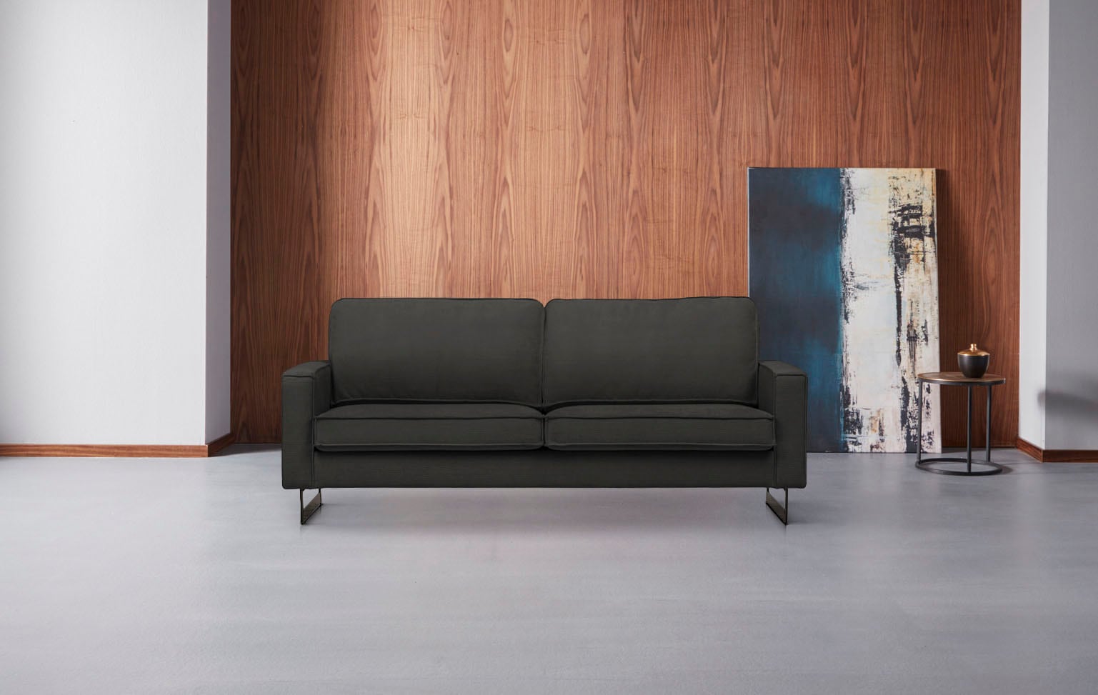 Home affaire 3-places »Pinto, 206 cm, Cord, Chenille, Lederoptik« mit Keder, schwarze Metallfüsse, Wellenunterfederung