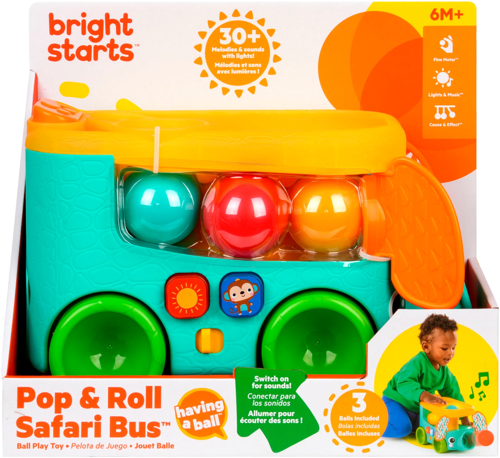 Bright Starts Lernspielzeug »Pop & Roll Safari Bus  Ball Play Toy« mit Licht und Sound