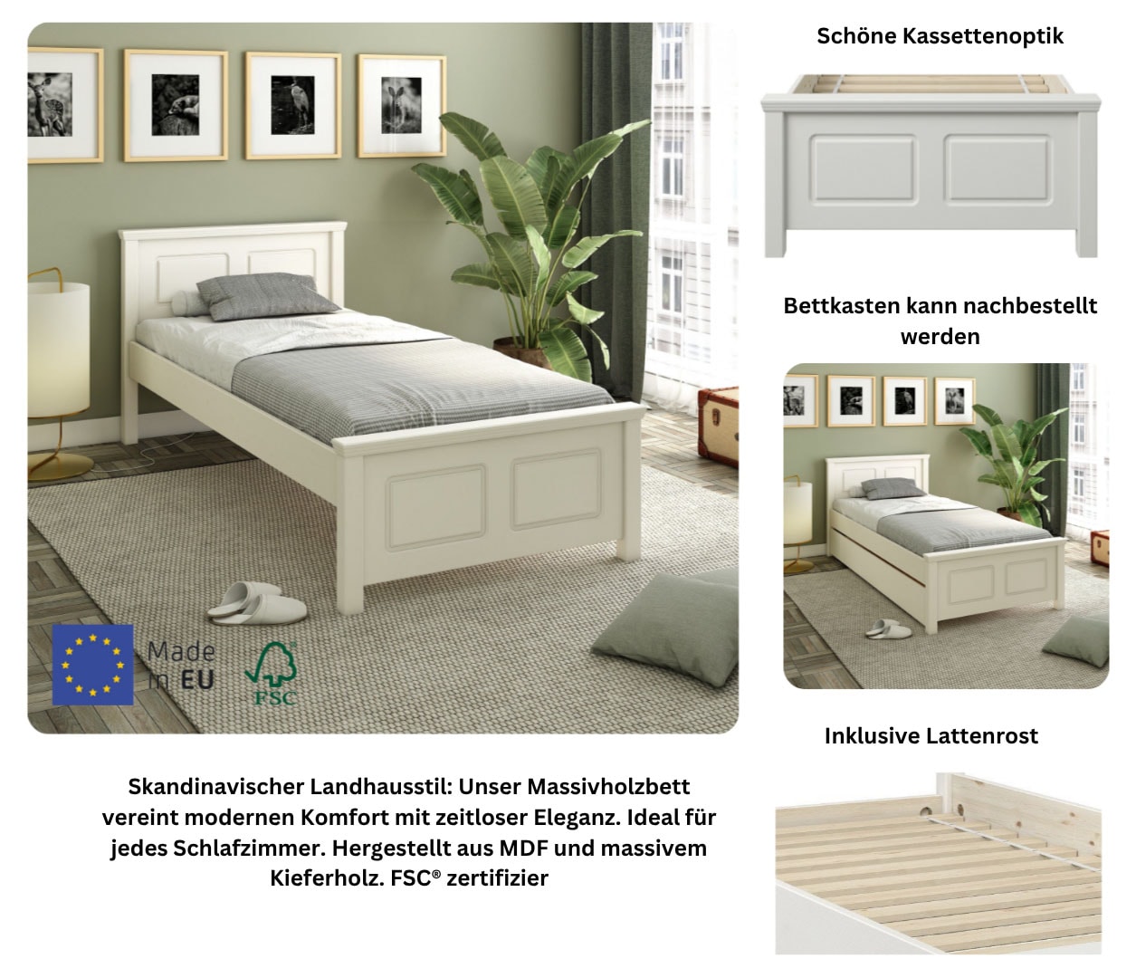 Home affaire Massivholzbett »"ERIK" , Made in Europe, optional mit Schublade, Massivholz Kiefer« FSC® zertifiziert,  in mehreren Grössen, Landhausstil mit Kassettenoptik