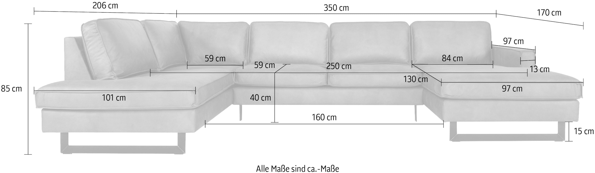 PLACES OF STYLE Wohnlandschaft »Pinto, 350 cm, U-Form, XXL, mit Ottomanen« Cord, Chenille, Lederoptik, mit Keder, Metallfüsse, Wellenunterfederung