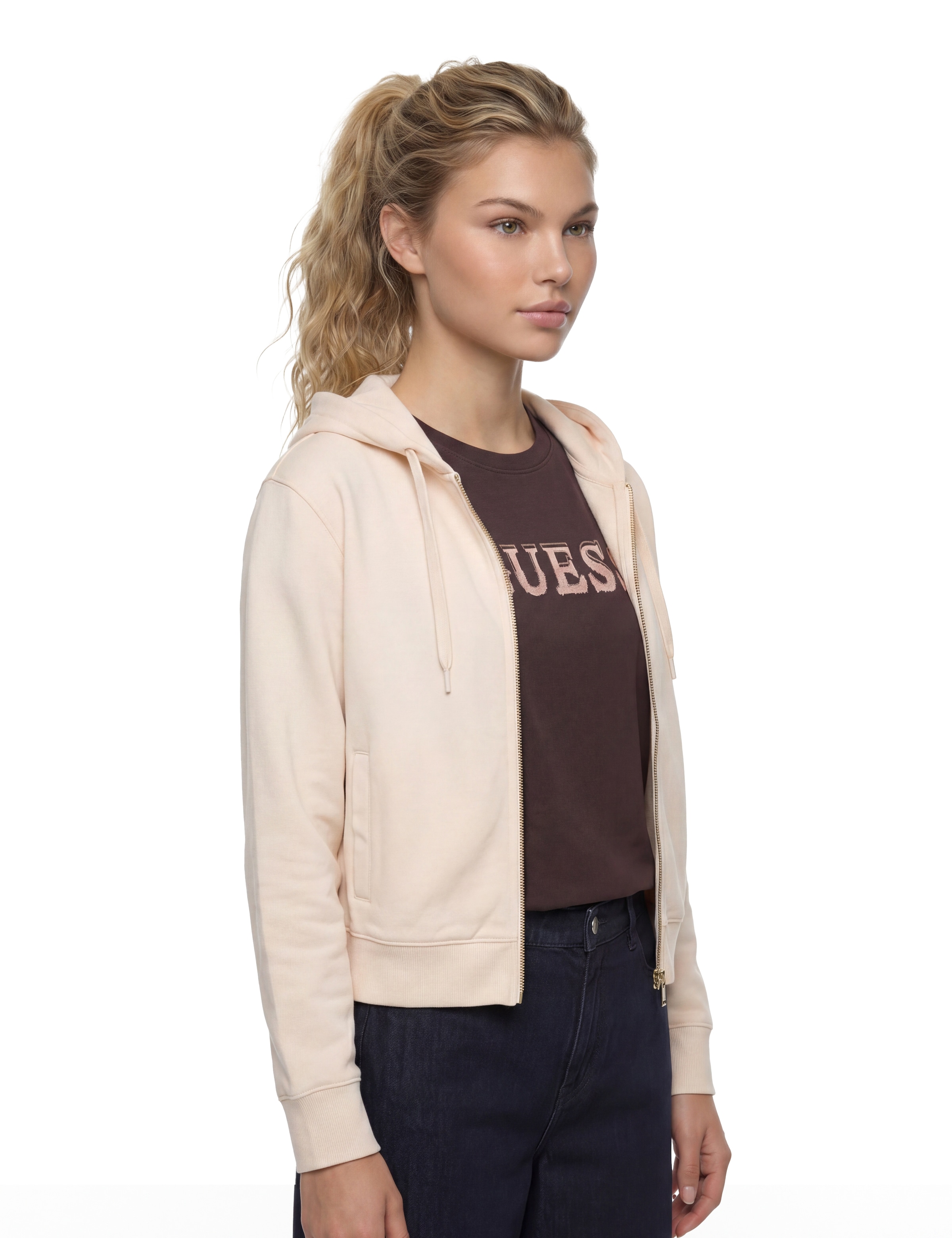 Guess Sweat à capuche »SOFIA ZIPPER SWEATSHIRT« avec broderie de logo, mélange de coton