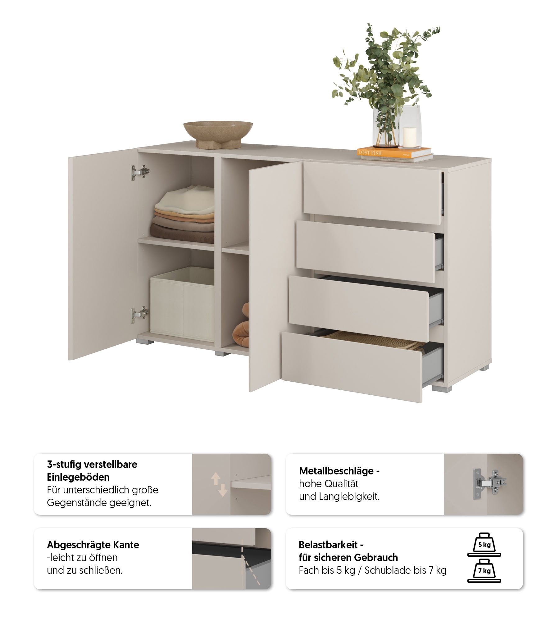 GOODproduct Sideboard »Metric,Breite 138 cm, grifflose Kommode 2 Türen/4 Schubkästen« Schubladenschrank mit viel Stauraum, Einlegeböden verstellbar