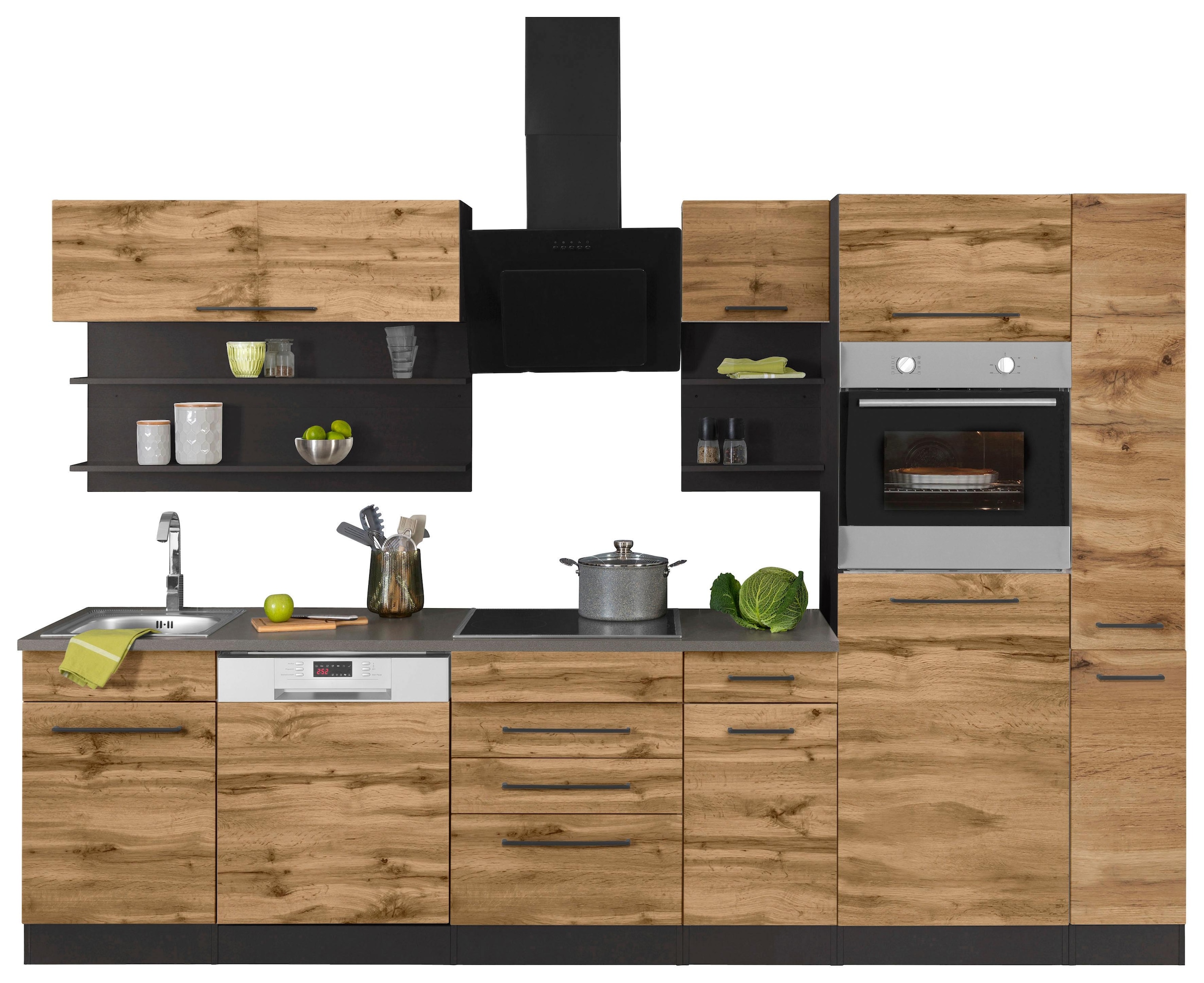 KOCHSTATION Kitchenette »KS-Tulsa« sans appareils électriques, largeur 300 cm, poignées métal noires, façades MDF