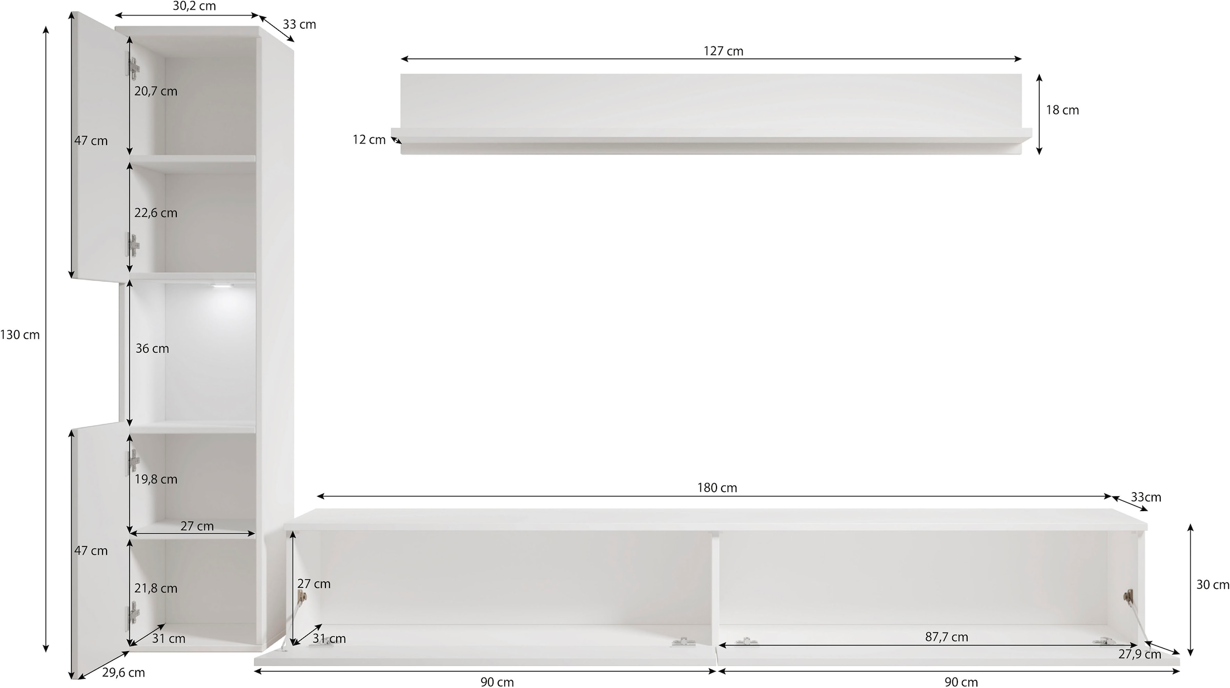 GOODproduct Wohnwand »PARIS, Vitrine Türanschlag links/rechts wechselbar« Komplett-Set, 3 Stk. tlg.
