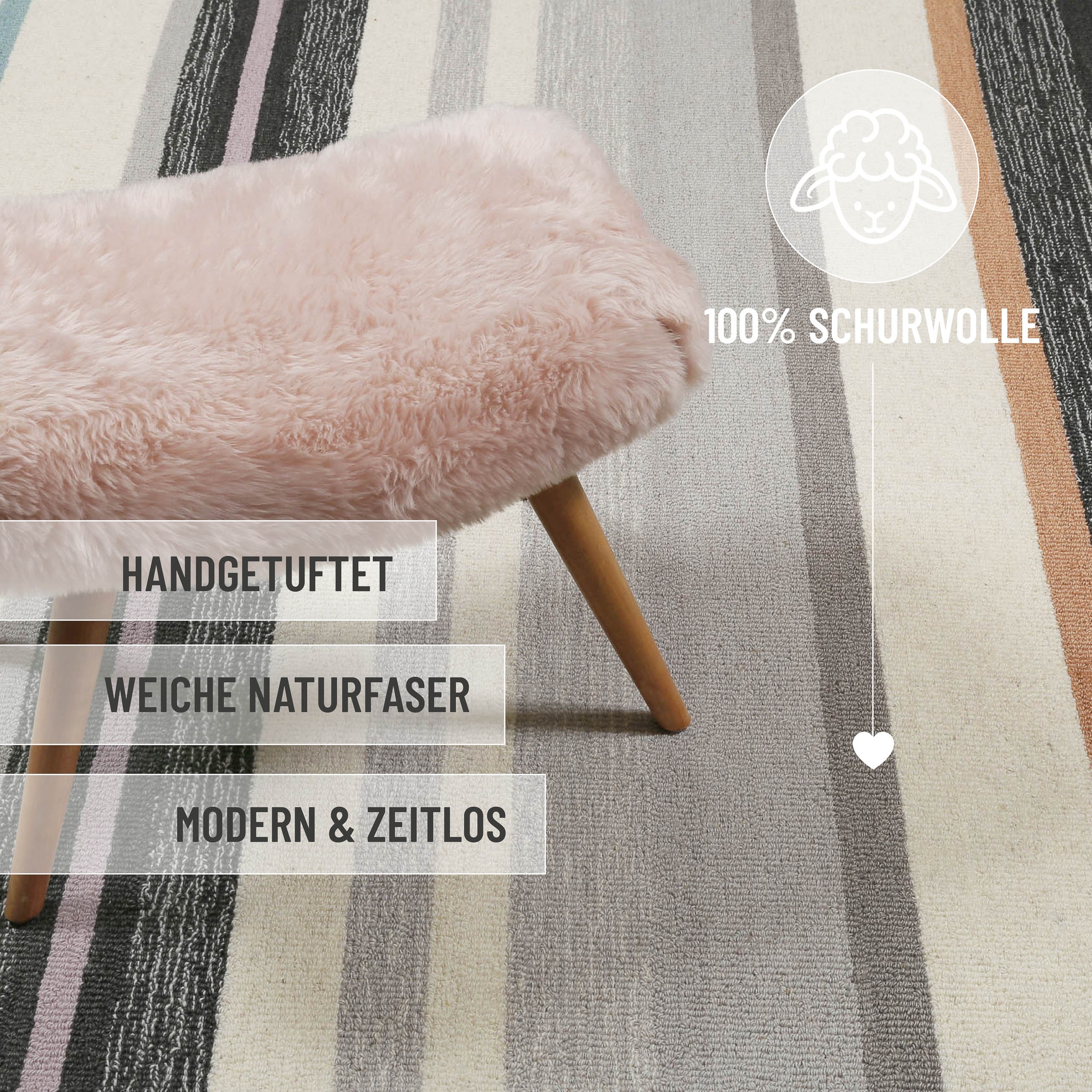 Wecon home Tapis »Sally« Rectangulaire 7 mm Höhe handgefertigt, gestreift, pflegeleicht, Wolle, Wohnzimmer, Esszimmer