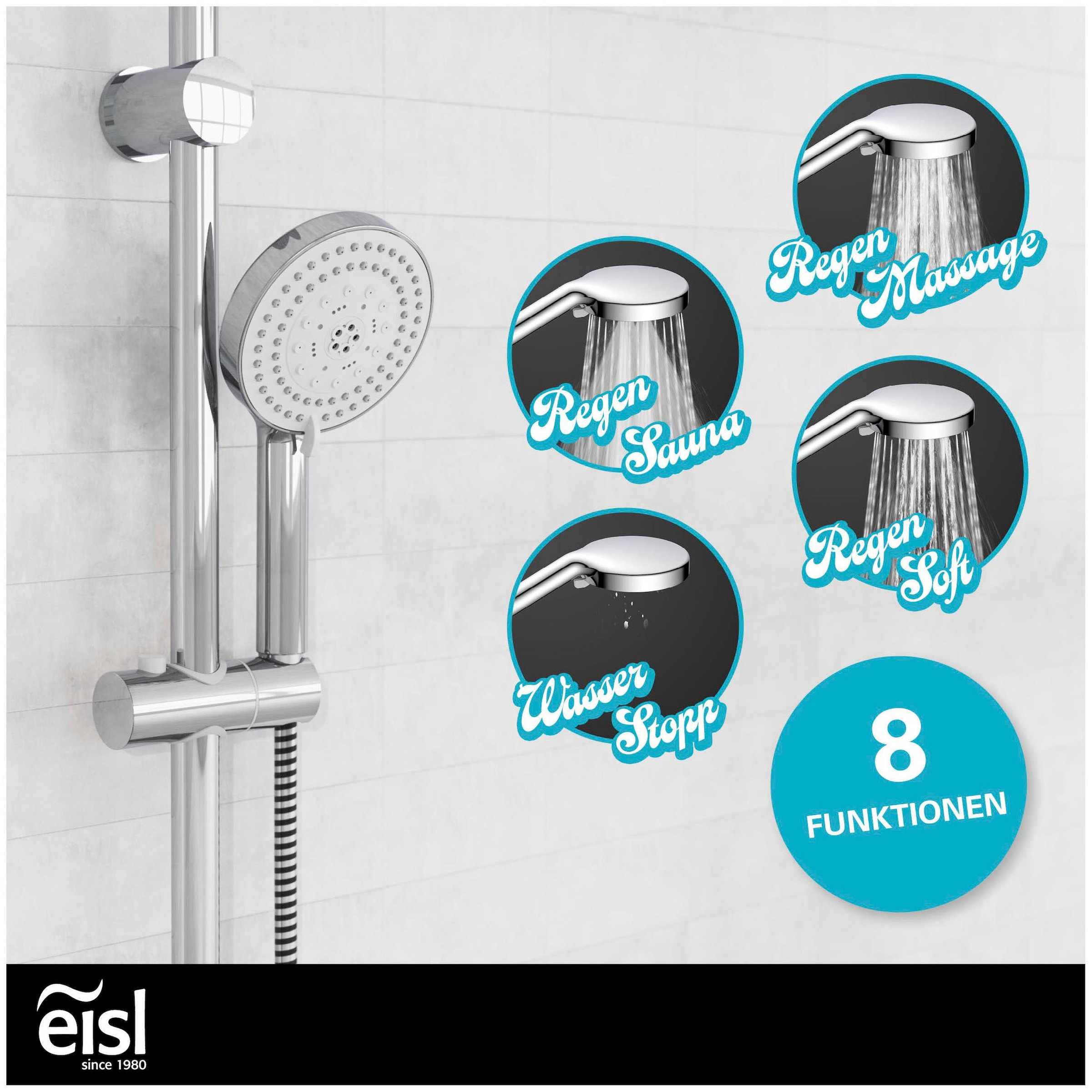 Eisl Brausegarnitur »STORM« wassersparend, Antikalk, 7-fach verstellbar, Wasserstoppfunktion