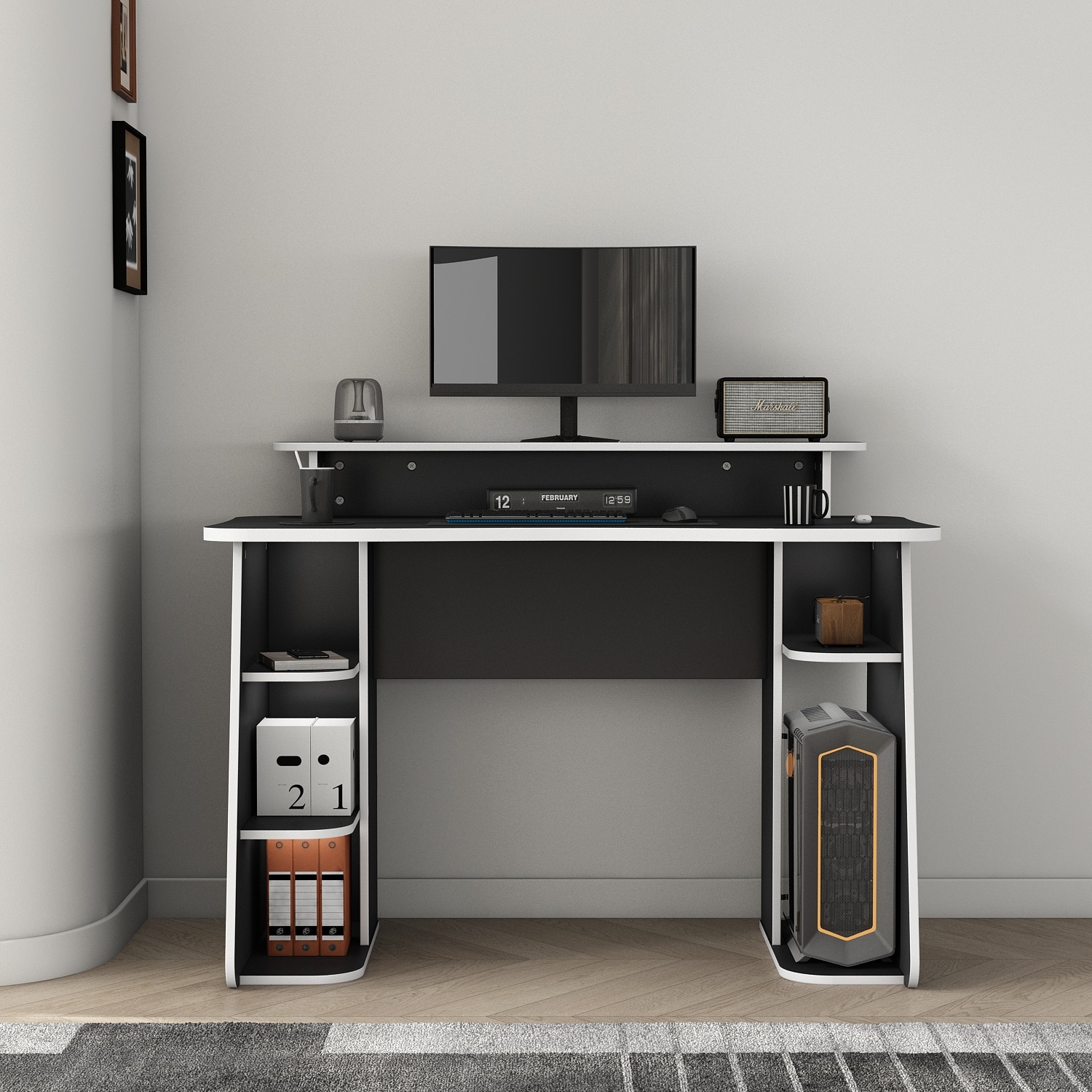 GOODproduct Gamingtisch »GAME, Computertisch, Schreibtisch, Towerfach, Monitoraufsatz,« ergonomisch geschwungene Tischplatte, Breite 120 oder 150 cm