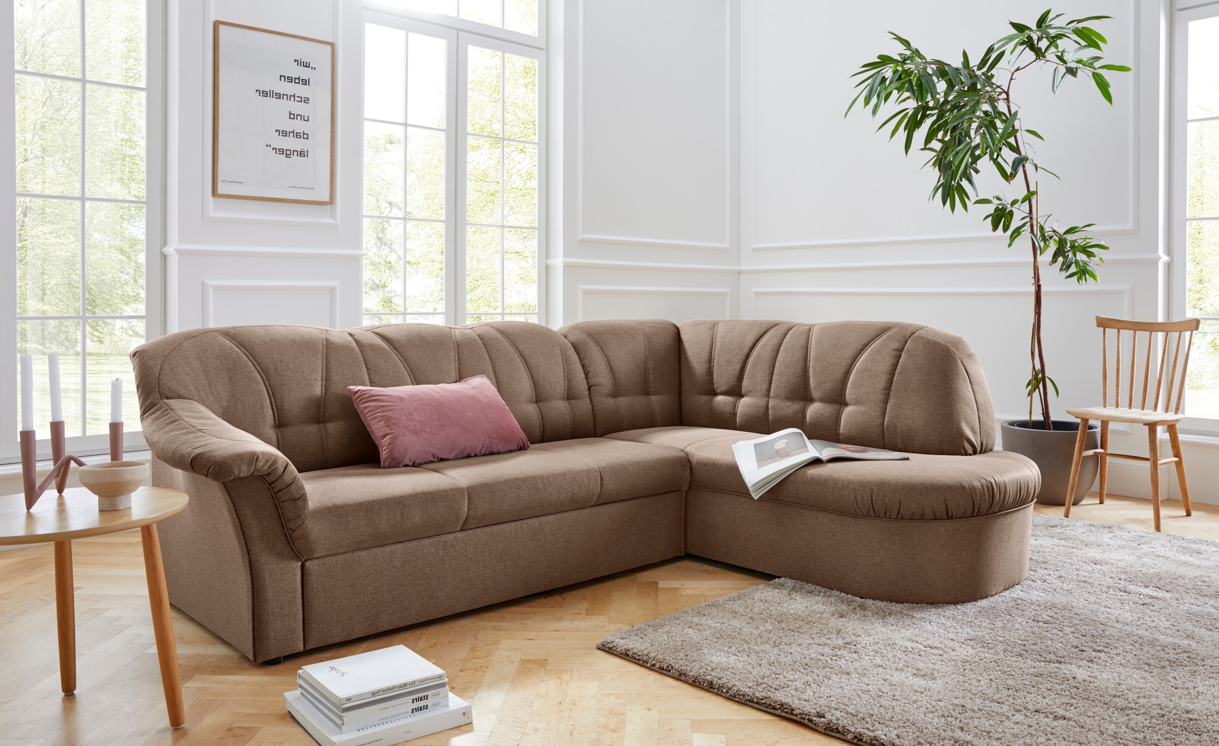 DOMO collection Ecksofa »Pegnitz, zeitlose und elegante Rückensteppung, Breite 246cm, L-Form« wahlweise mit Bettfunktion