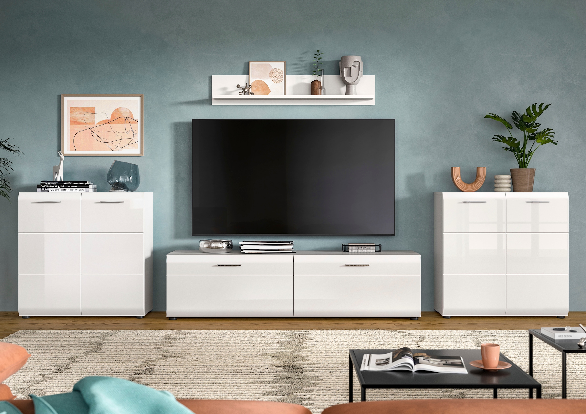 Home affaire Meuble mural »FLORENZ, 4-teilige Wohn-Kombination, hochwertige MDF-Front« Set, Set, best. aus: 2 Kommoden, 1 Lowboard, 1 Wandboard, 4 cuis tlg.