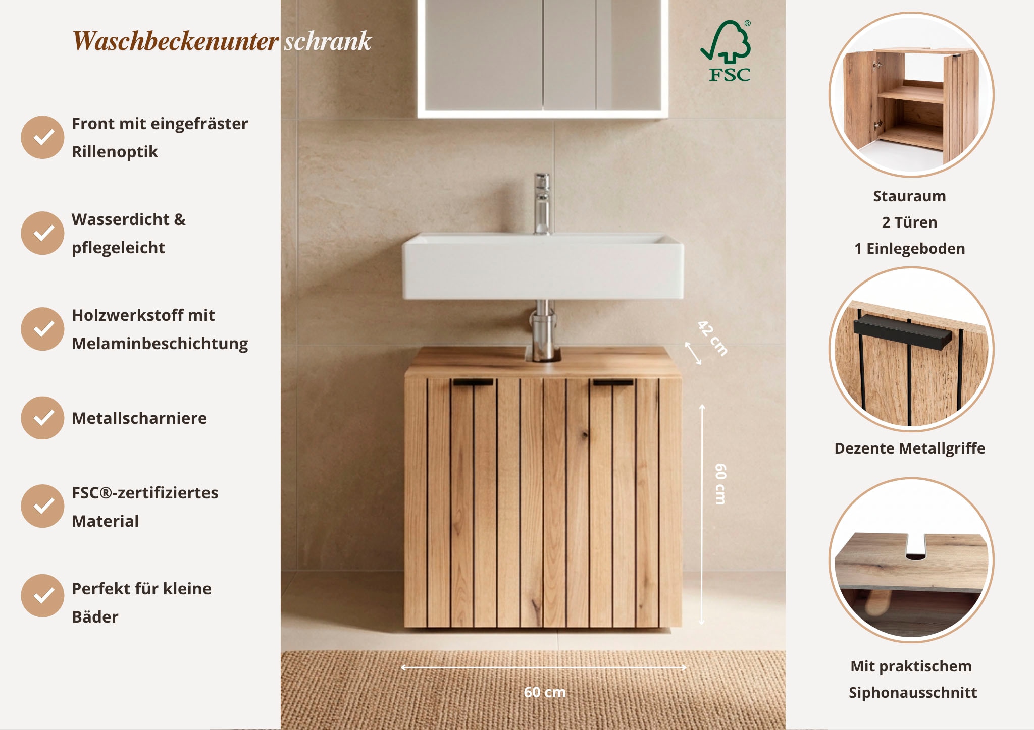 GOODproduct Waschbeckenunterschrank »Baltrum« Breite 60 cm dekorative Lamellenoptik
